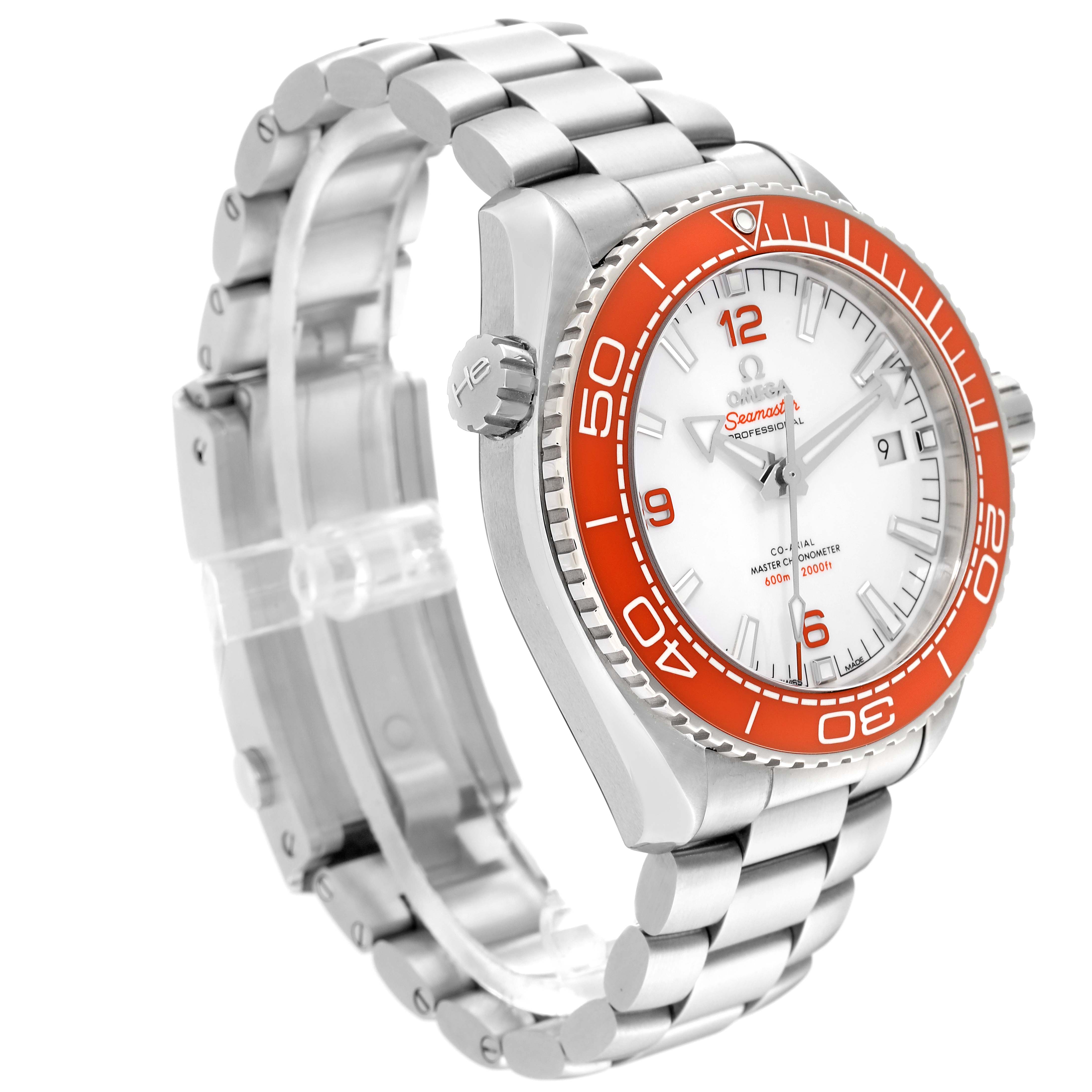 The image shows an angled view of the Omega Planet Ocean 215.30.44.21.04.001 Men's Stainless Steel White Dial 215.30.44.21.04.001 Men's Stainless Steel White Dial watch, highlighting its orange bezel, white dial, and stainless steel bracelet.