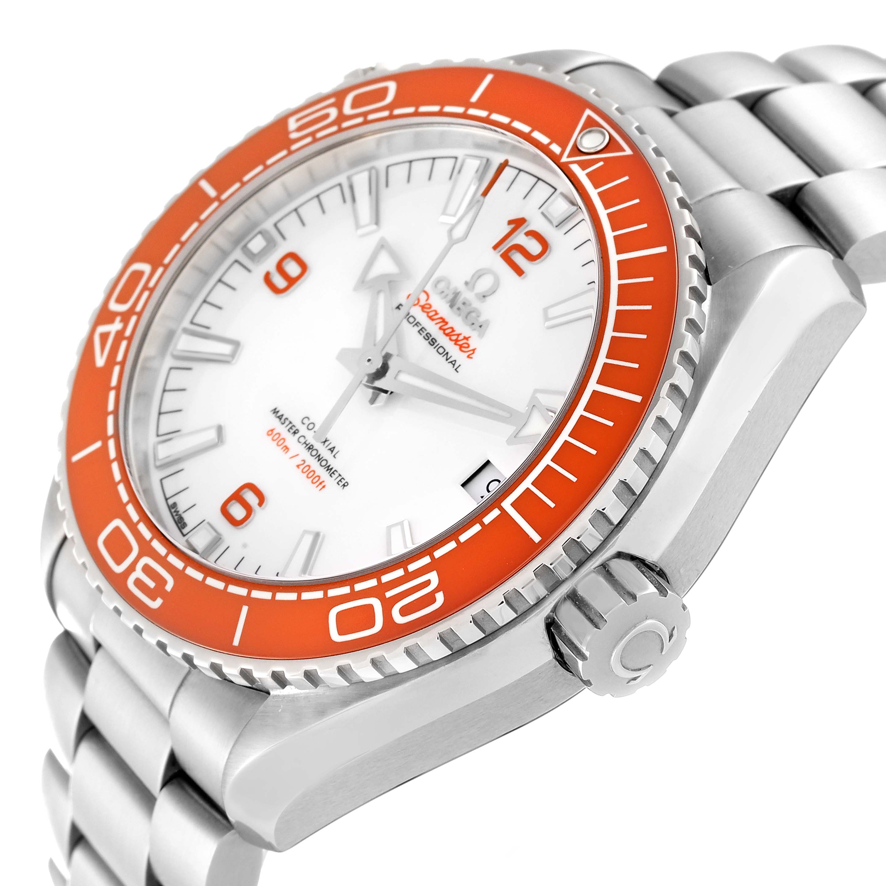 This image shows an angled view of the Omega Planet Ocean 215.30.44.21.04.001 Men's Stainless Steel White Dial 215.30.44.21.04.001 Men's Stainless Steel White Dial watch, highlighting its orange bezel, white dial, and metal bracelet.