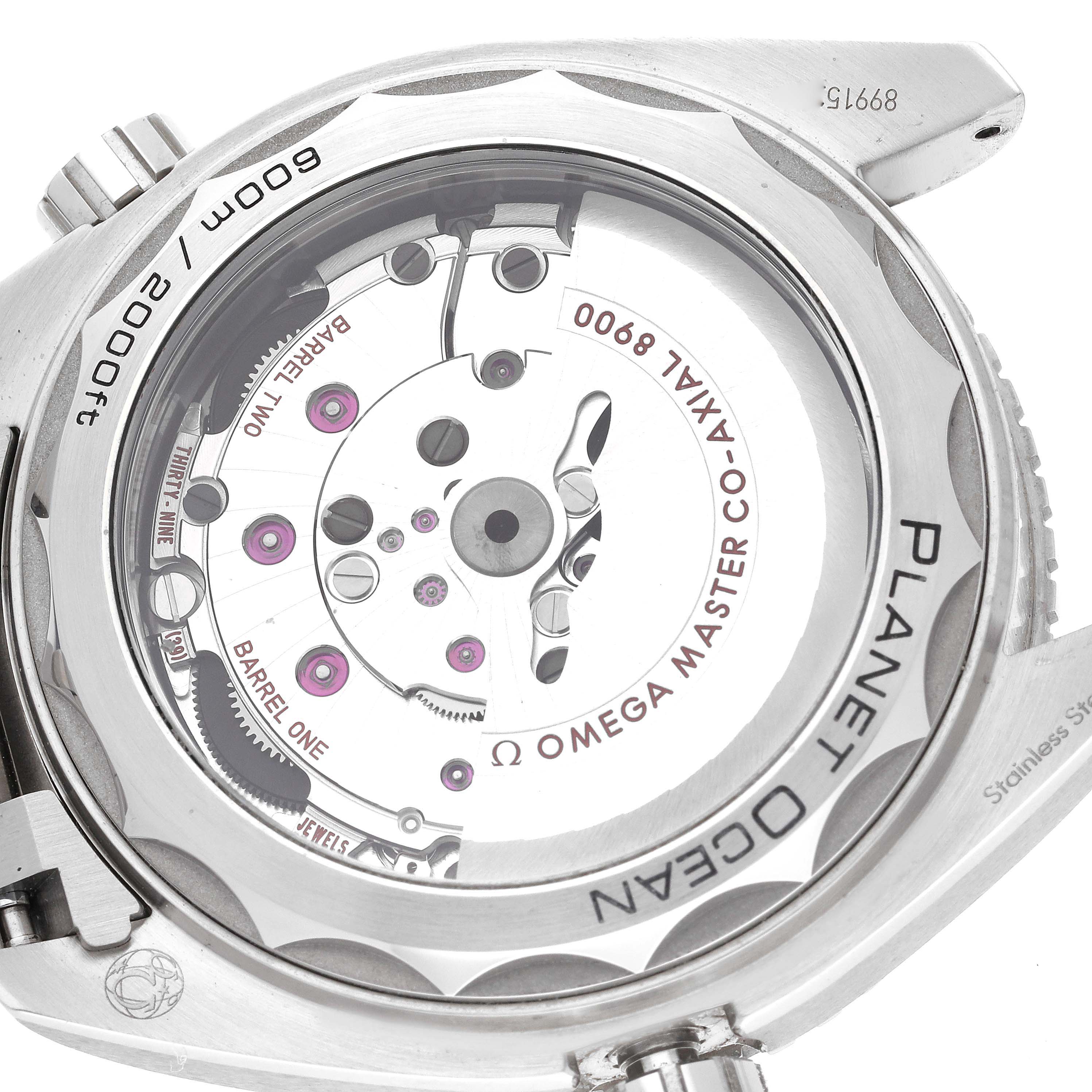 The image shows the back view of the Omega Planet Ocean 215.30.44.21.04.001 Men's Stainless Steel White Dial 215.30.44.21.04.001 Men's Stainless Steel White Dial watch, highlighting its movement and inner workings.