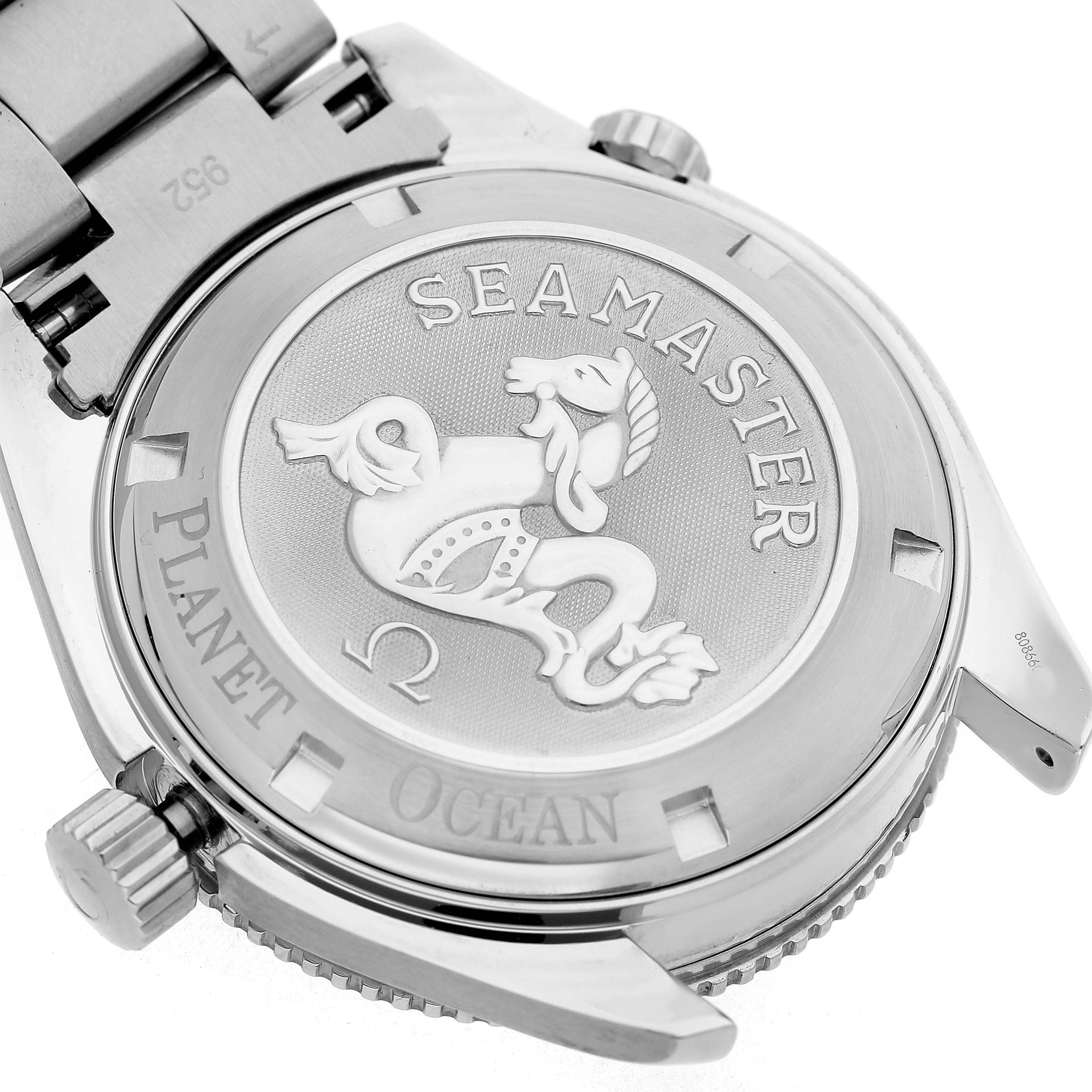 The image shows the back case of the Omega Planet Ocean 2209.50.00 Men's Stainless Steel Black Dial watch, featuring the Seamaster logo.