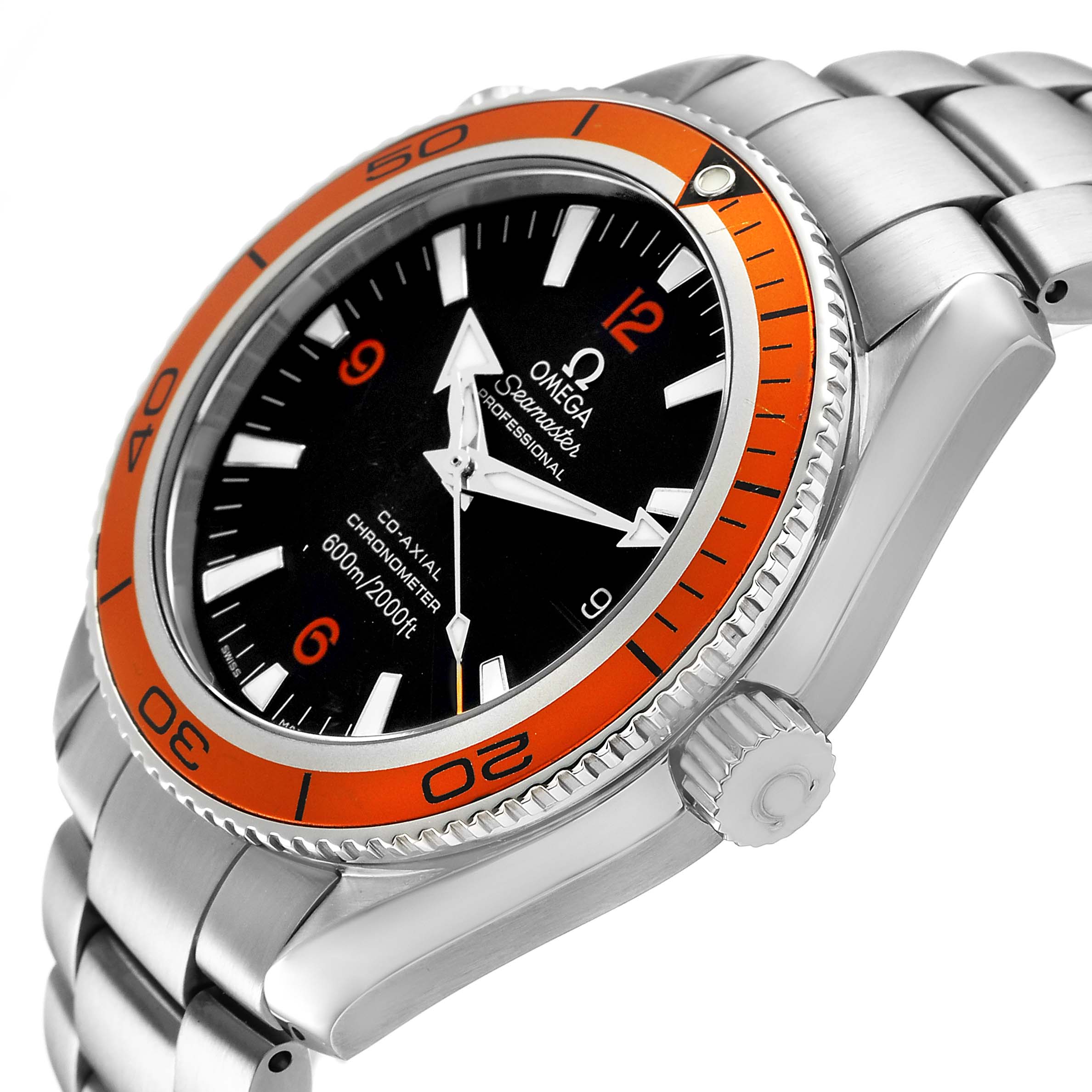 The Omega Planet Ocean 2209.50.00 Men's Stainless Steel Black Dial watch is shown at an angled side view, highlighting the bezel, face, and bracelet links.