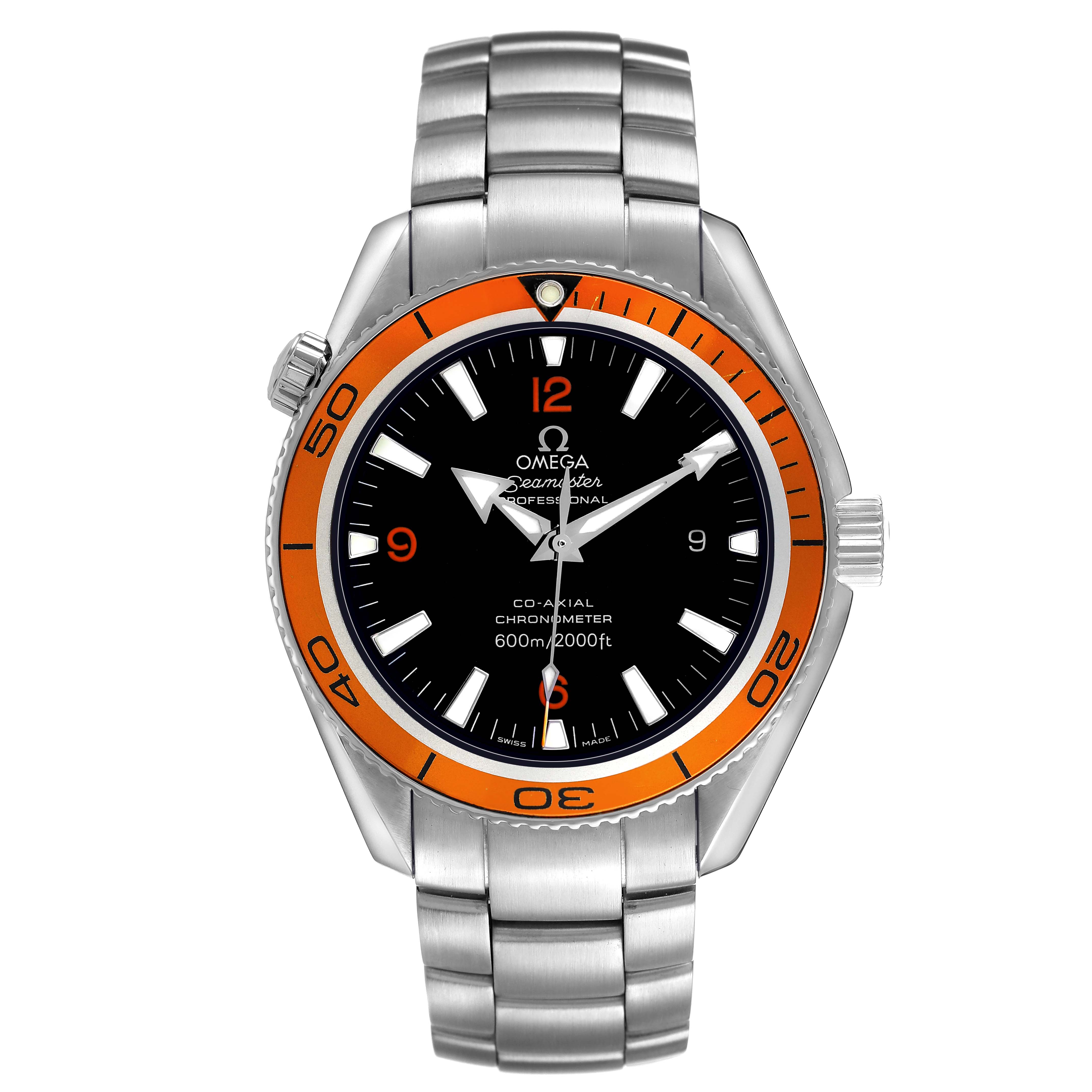 The Omega Planet Ocean 2209.50.00 Men's Stainless Steel Black Dial watch is shown from the front, displaying its face, bezel, and metal bracelet.