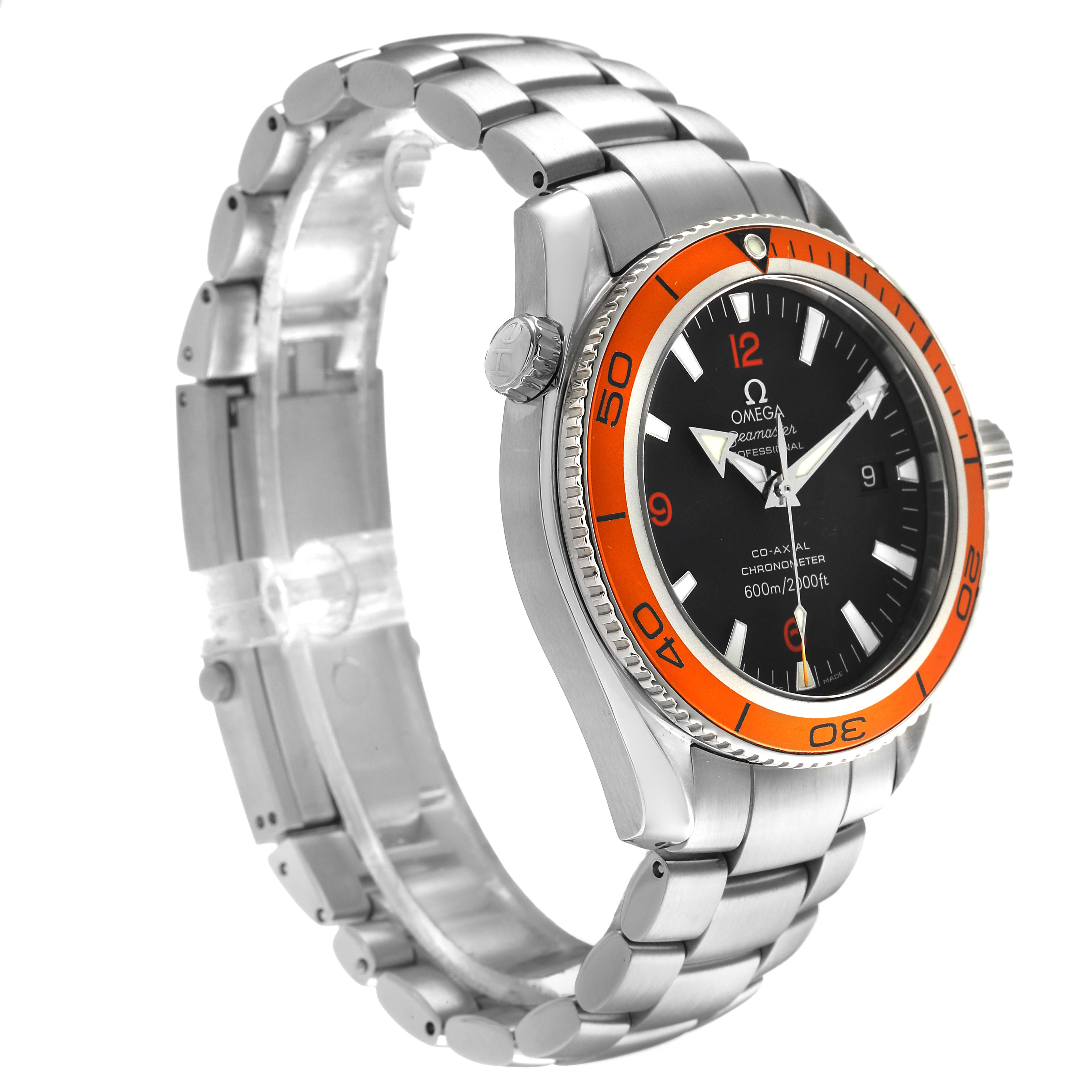 The Omega Planet Ocean 2209.50.00 Men's Stainless Steel Black Dial watch is shown at a three-quarter angle, highlighting the orange bezel, black dial, and stainless steel bracelet.