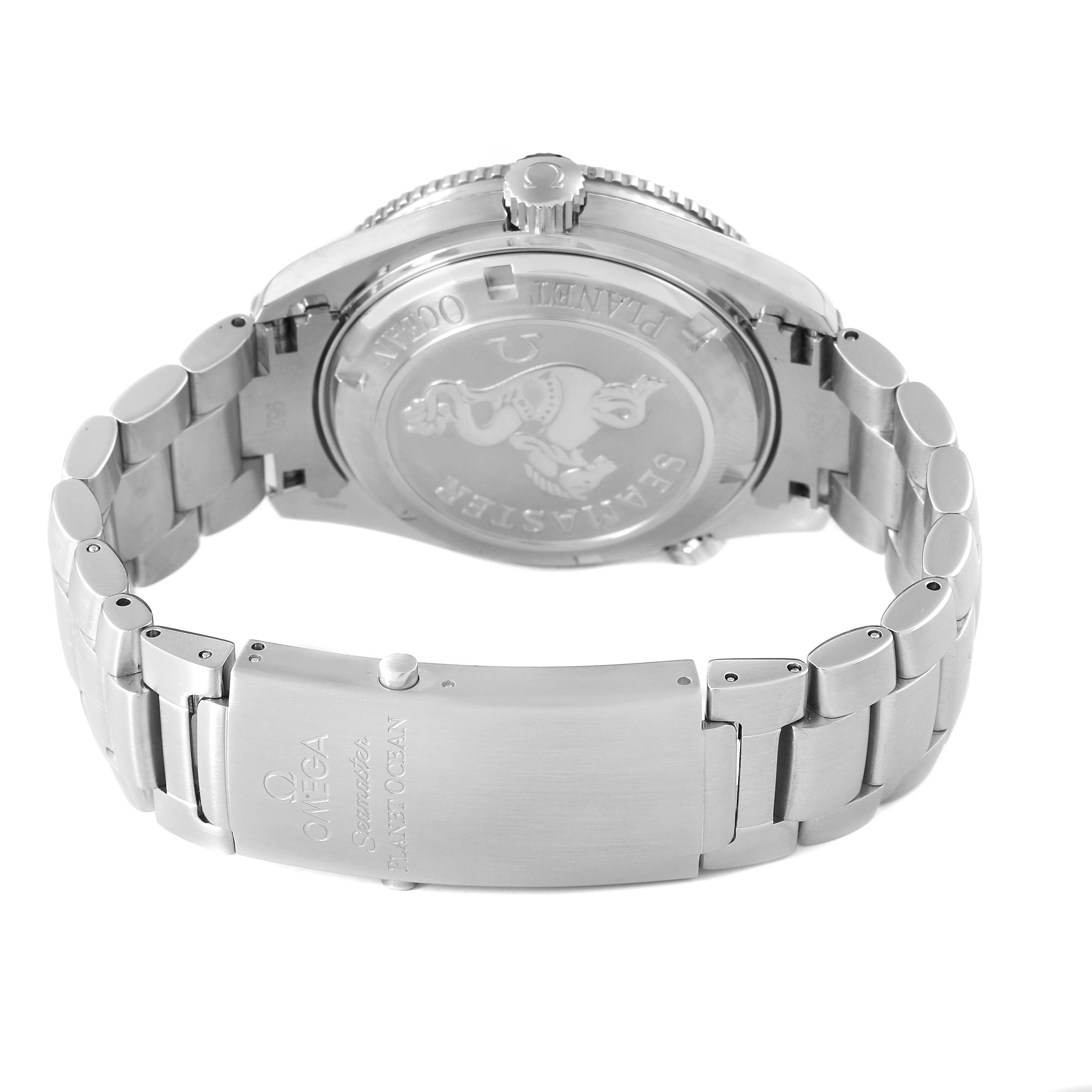 The Omega Planet Ocean 2209.50.00 Men's Stainless Steel Black Dial watch is shown from the back, highlighting its case back, bracelet, and clasp.