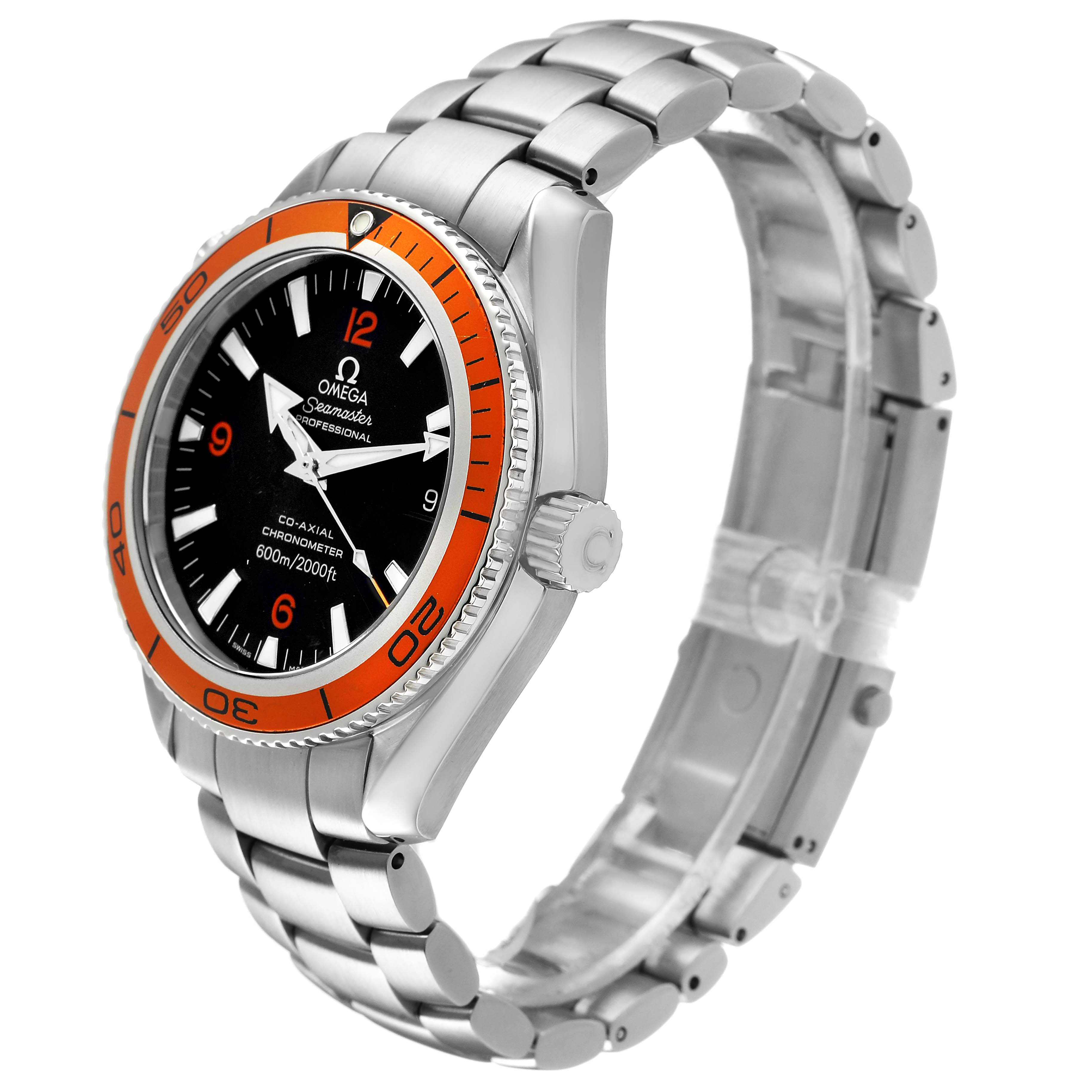 The Omega Planet Ocean 2209.50.00 Men's Stainless Steel Black Dial watch is shown at a three-quarter angle displaying the face, orange bezel, crown, and stainless steel bracelet.