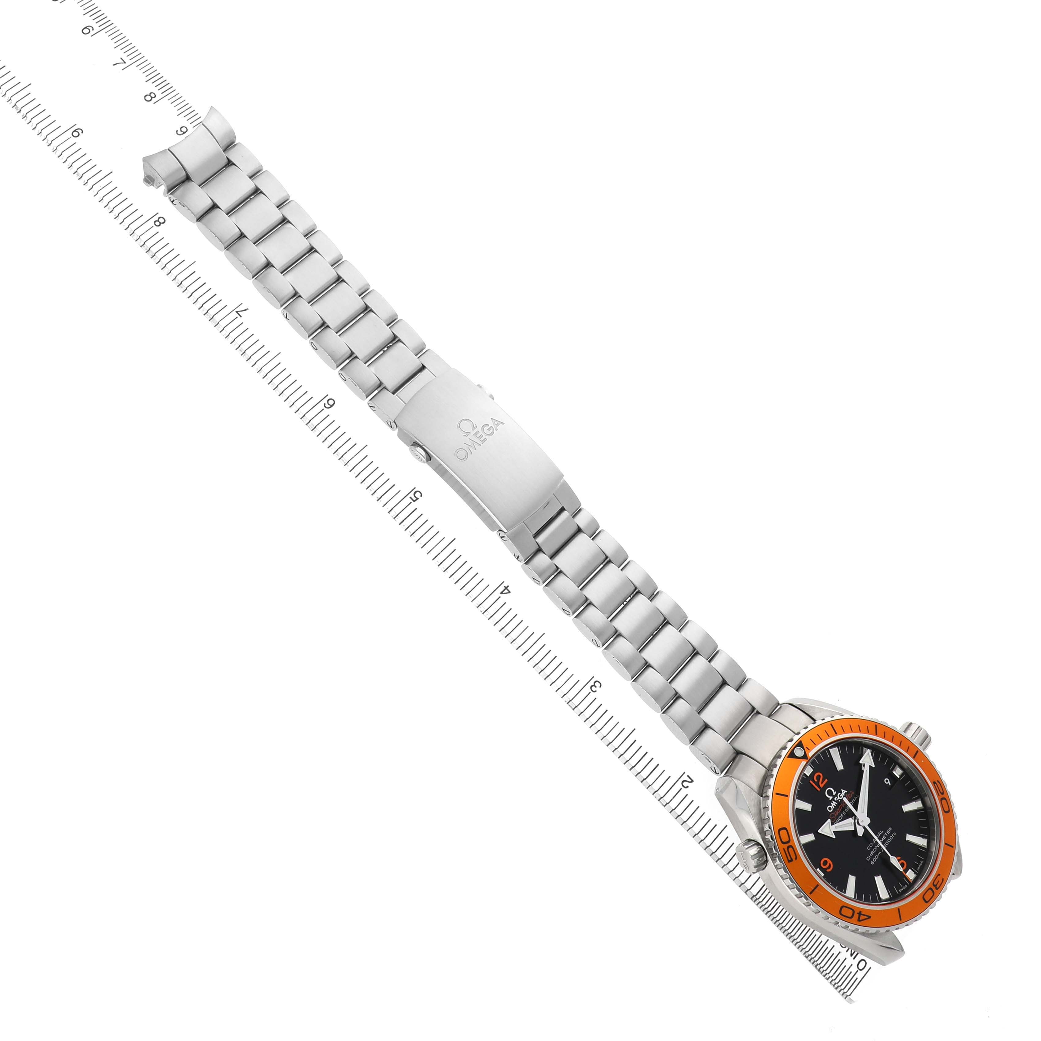 The Omega Seamaster 2209.50.00 Men's Stainless Steel Black Dial watch is shown from a top angle, featuring its bracelet and clasp alongside the dial with an orange bezel.