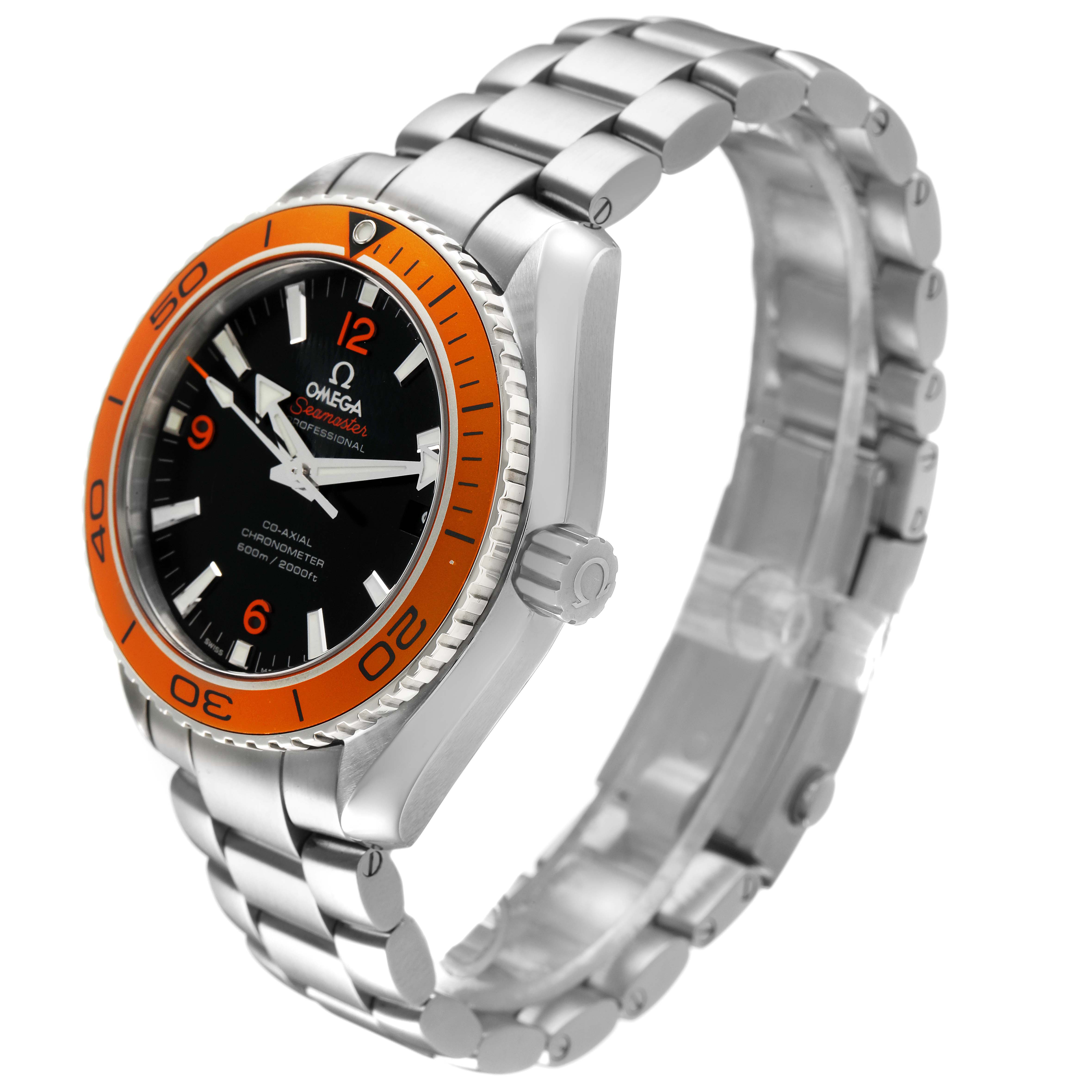 The Omega Seamaster 2209.50.00 Men's Stainless Steel Black Dial watch is shown at a three-quarter angle, highlighting the bezel, case, crown, and bracelet.