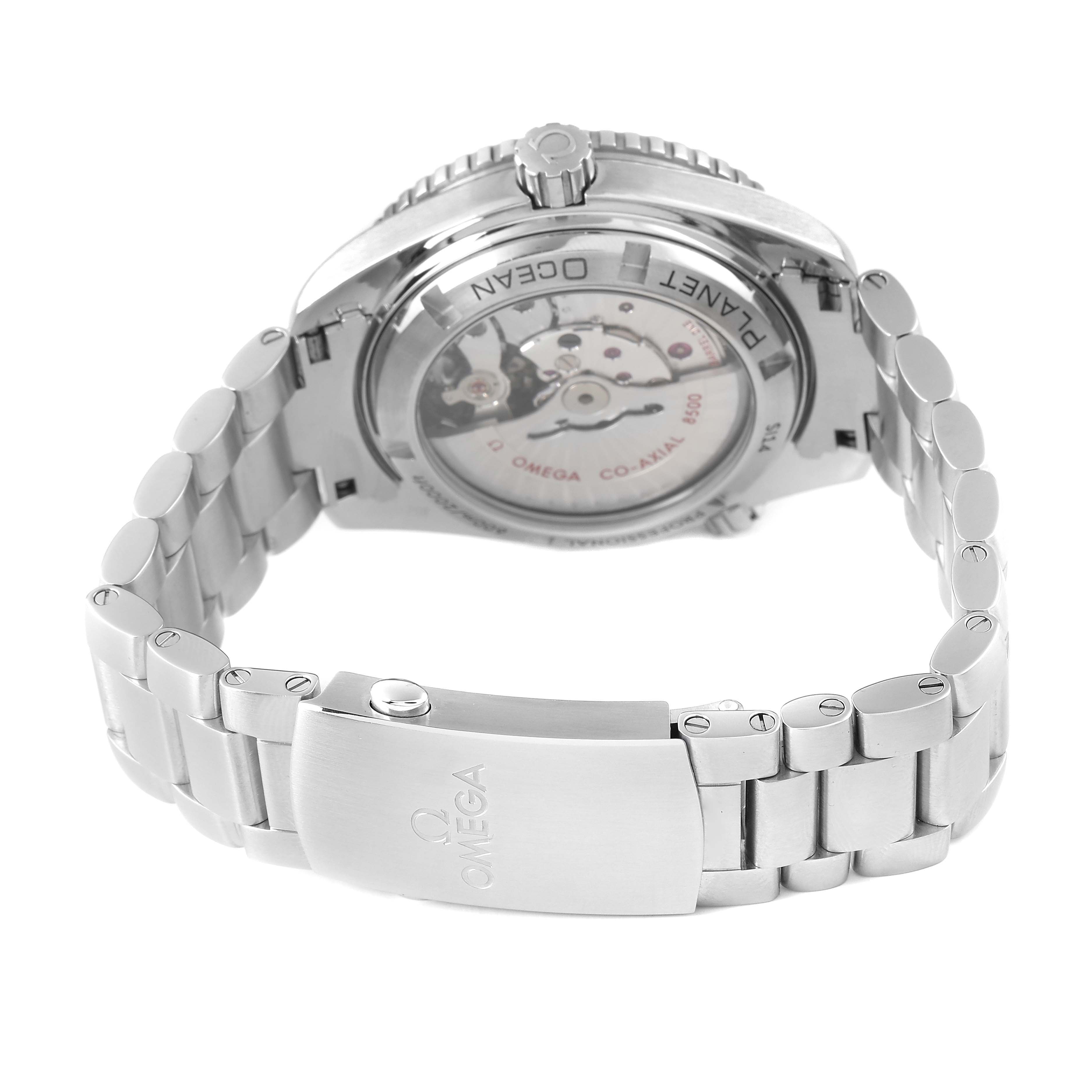 The image shows the back view of an Omega Seamaster 2209.50.00 Men's Stainless Steel Black Dial, highlighting the clasp and transparent case back.