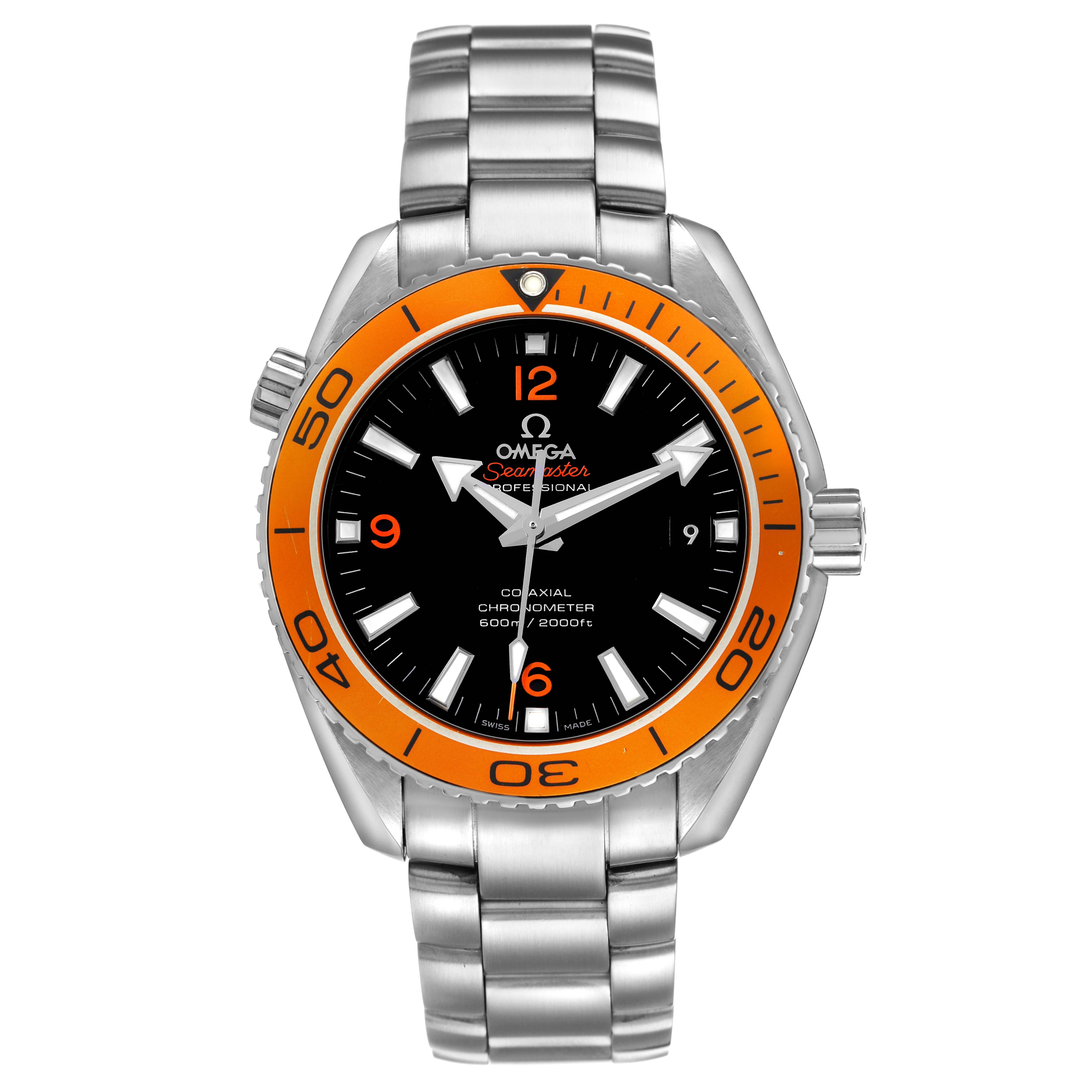 The Omega Seamaster 2209.50.00 Men's Stainless Steel Black Dial watch is shown from a front angle, displaying the bezel, dial, and bracelet.
