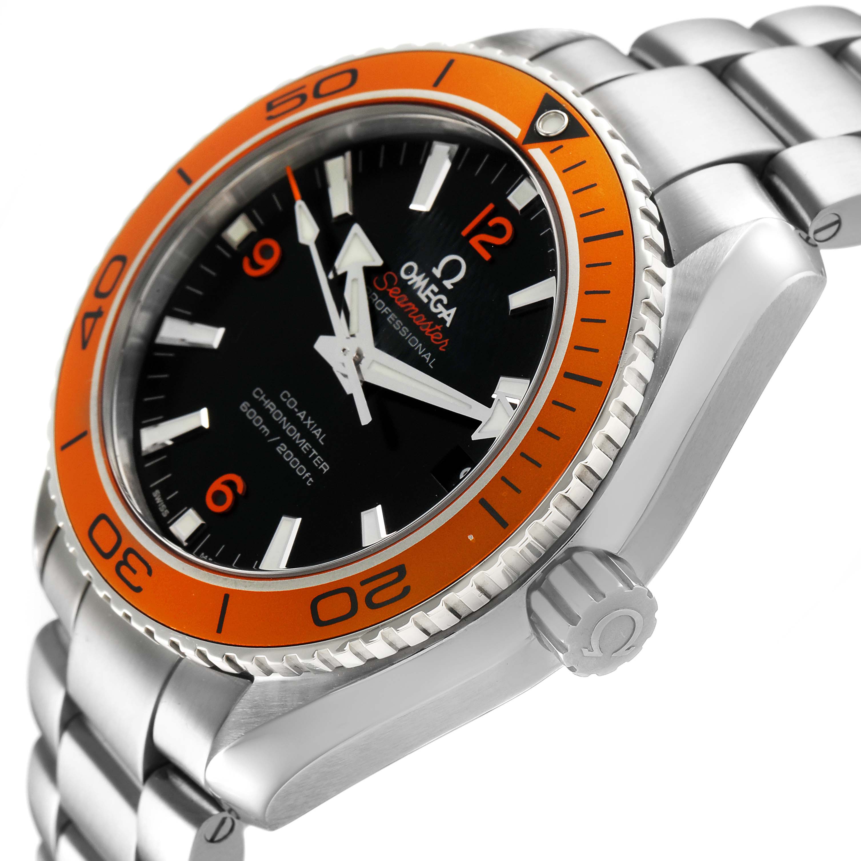 The Omega Seamaster 2209.50.00 Men's Stainless Steel Black Dial watch is shown at a side angle, highlighting the orange bezel, crown, and stainless steel bracelet.