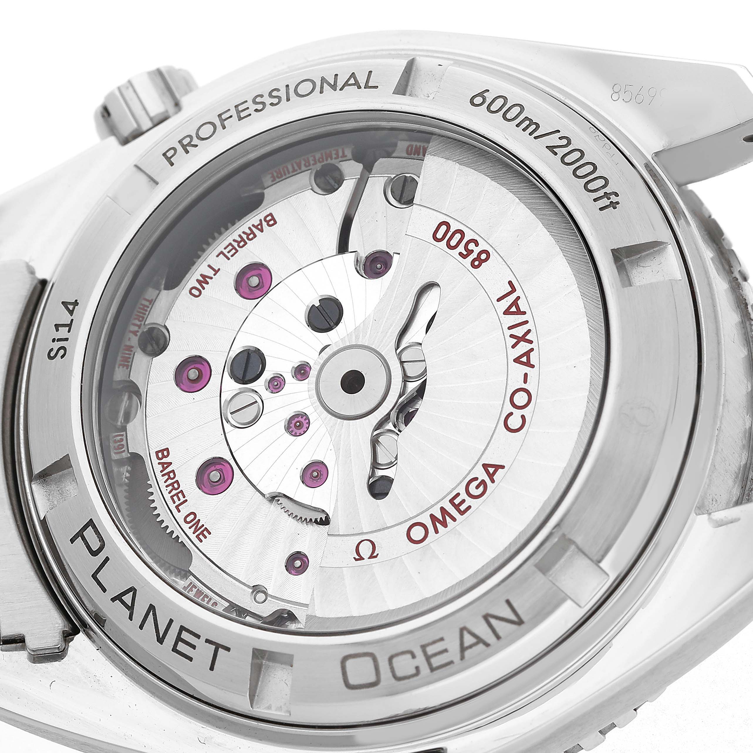 The image shows the back view of an Omega Seamaster 2209.50.00 Men's Stainless Steel Black Dial, highlighting its mechanical movement and Co-Axial escapement.