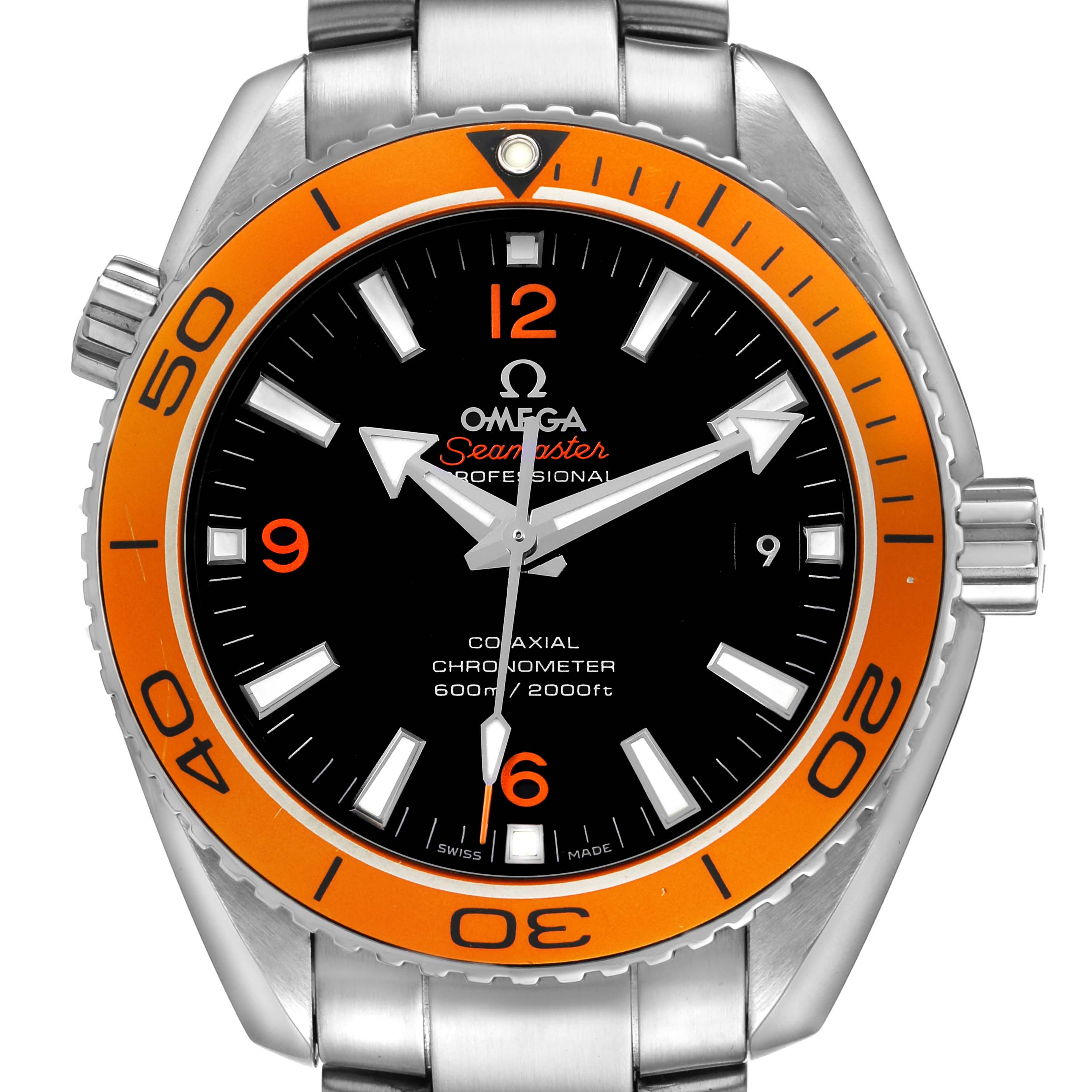 The Omega Seamaster 2209.50.00 Men's Stainless Steel Black Dial watch is shown from the front, displaying its face, bezel, and crown.