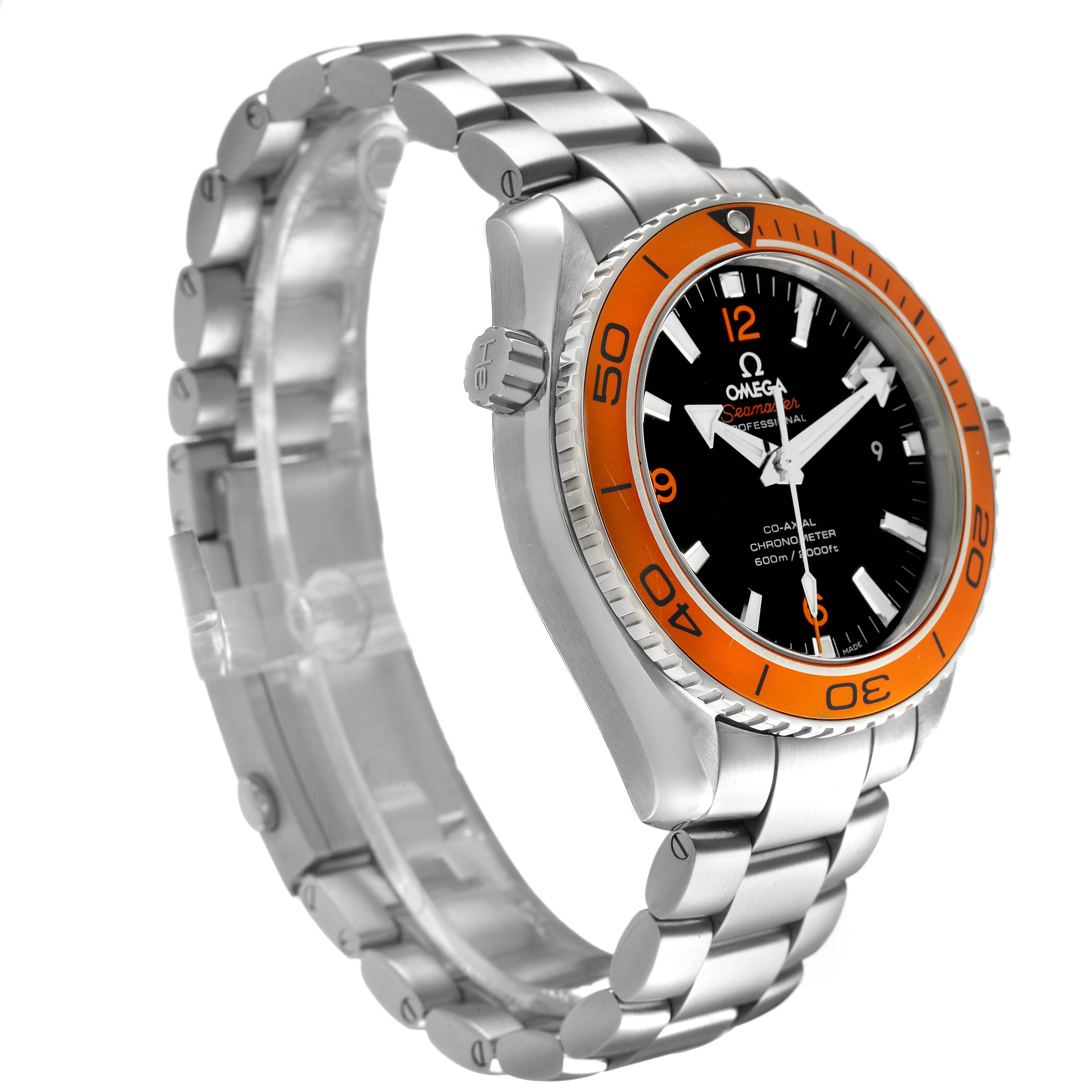The Omega Seamaster 2209.50.00 Men's Stainless Steel Black Dial watch is shown at an angled side view, highlighting the bezel, crown, and bracelet design.
