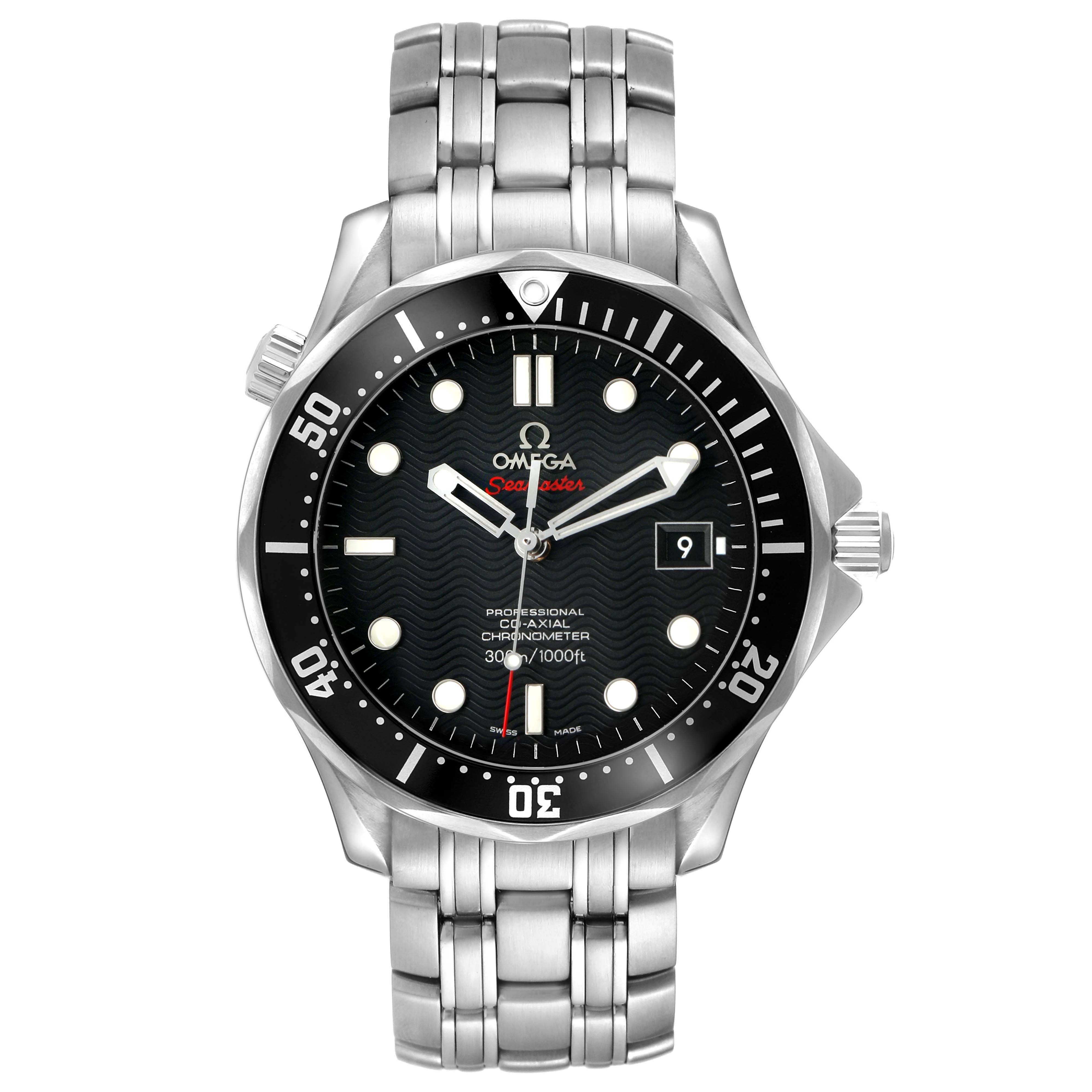 The Omega Seamaster 212.30.41.20.01.002 Men's Stainless Steel Black Dial watch is shown from the front, displaying the dial, bezel, and bracelet.