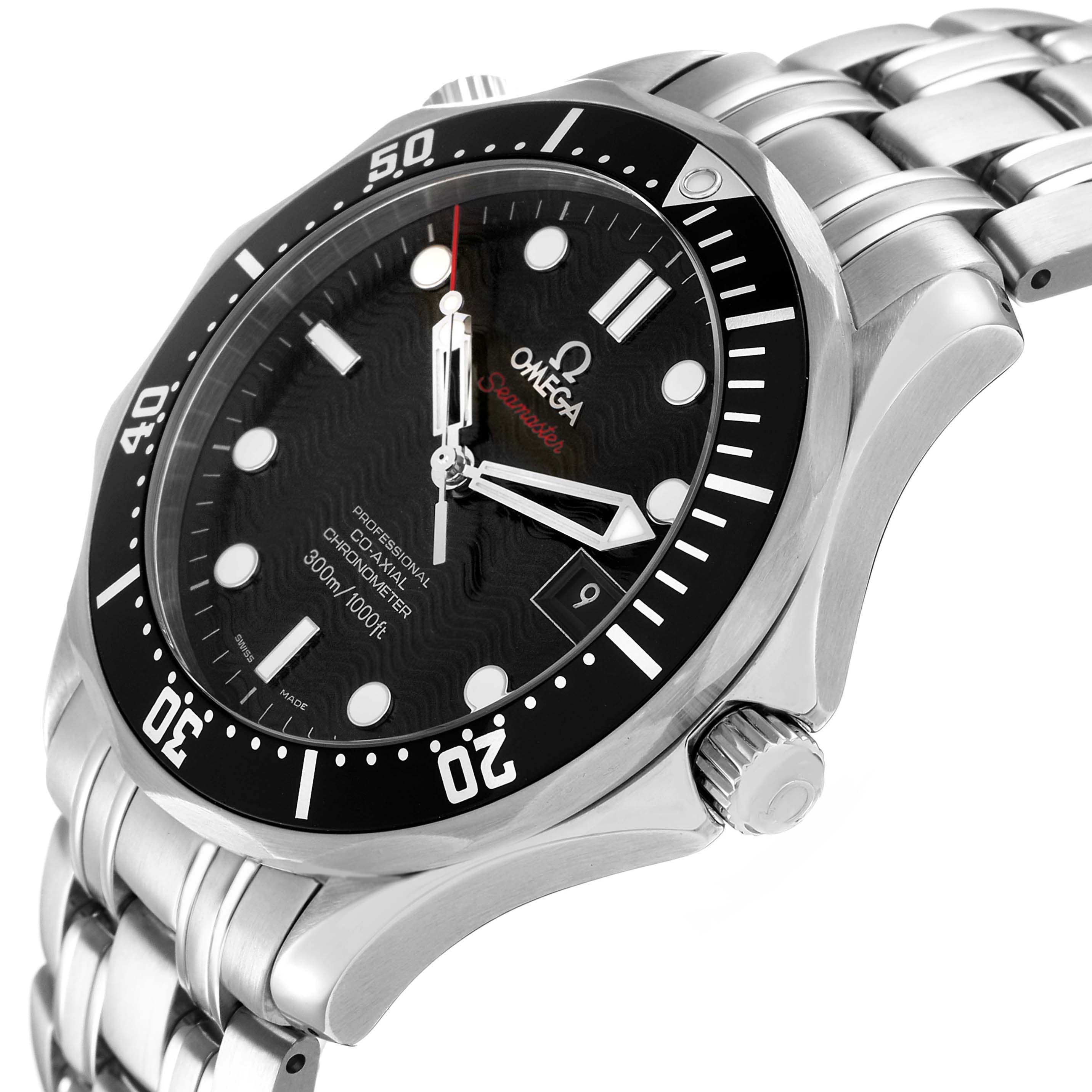 The Omega Seamaster 212.30.41.20.01.002 Men's Stainless Steel Black Dial watch is shown at an angled side view, highlighting the bezel, dial, crown, and metal bracelet.