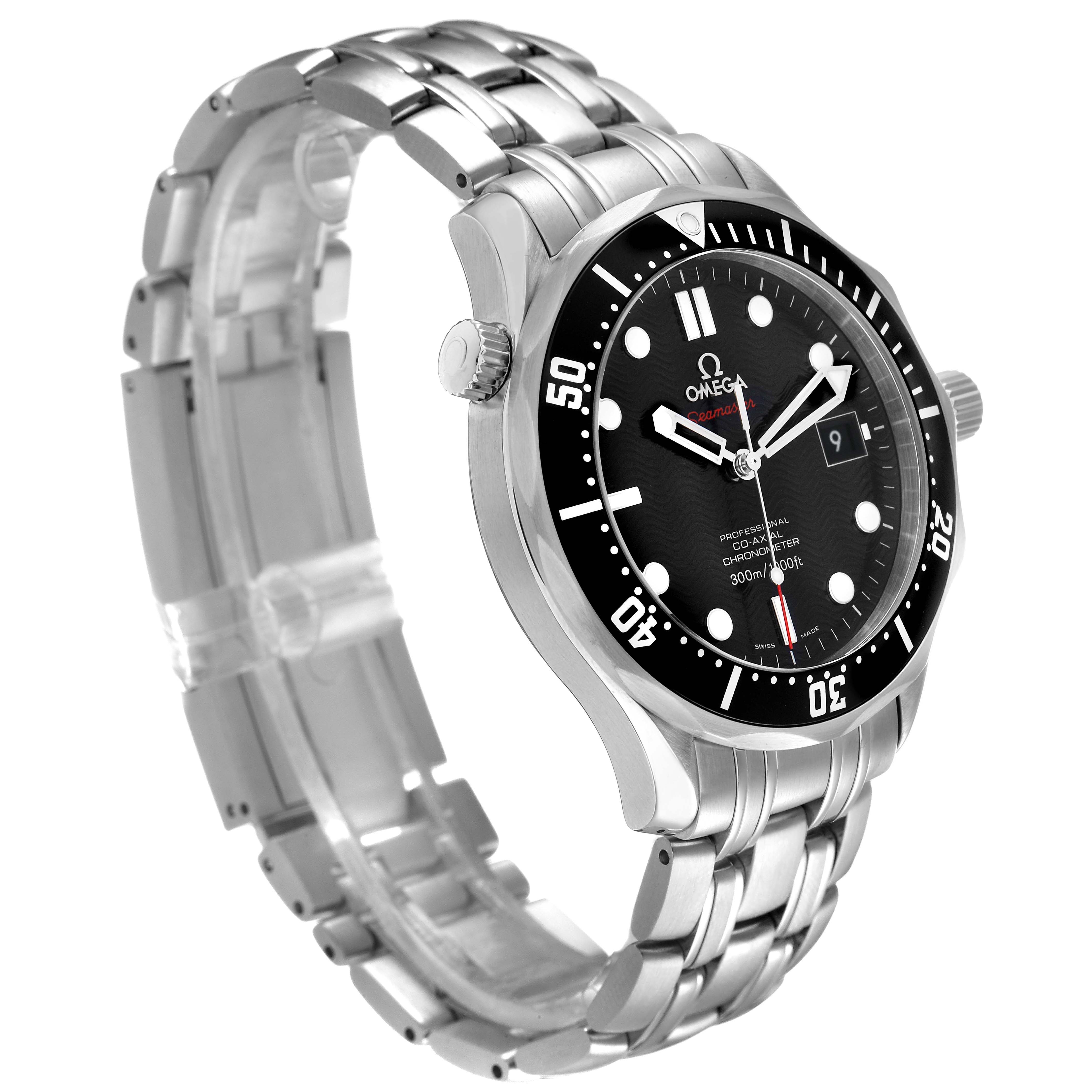 The Omega Seamaster 212.30.41.20.01.002 Men's Stainless Steel Black Dial watch is shown at a three-quarter angle, highlighting its face, bezel, and stainless steel bracelet.