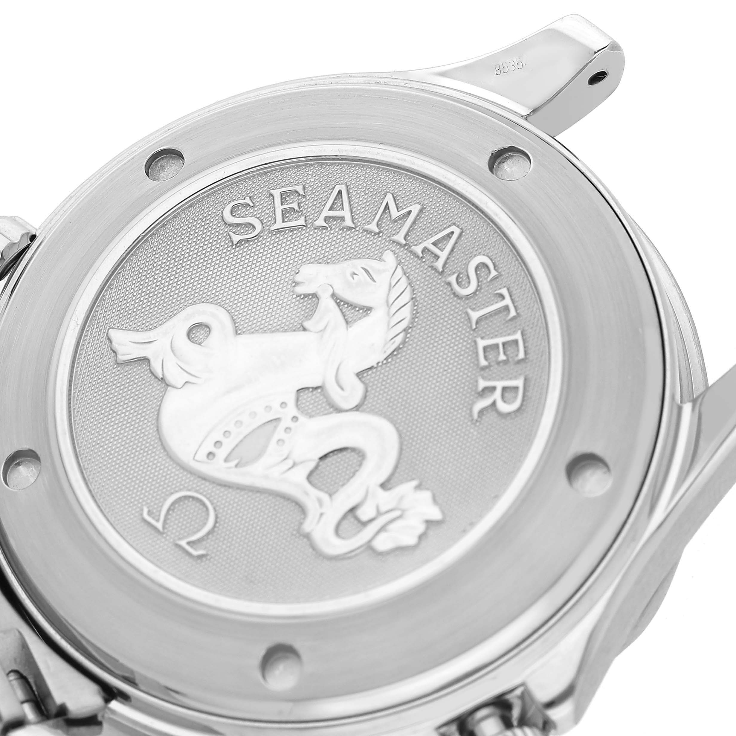 The image shows the case back of an Omega Seamaster 212.30.41.20.01.002 Men's Stainless Steel Black Dial watch, featuring its emblem and branding in a close-up view.