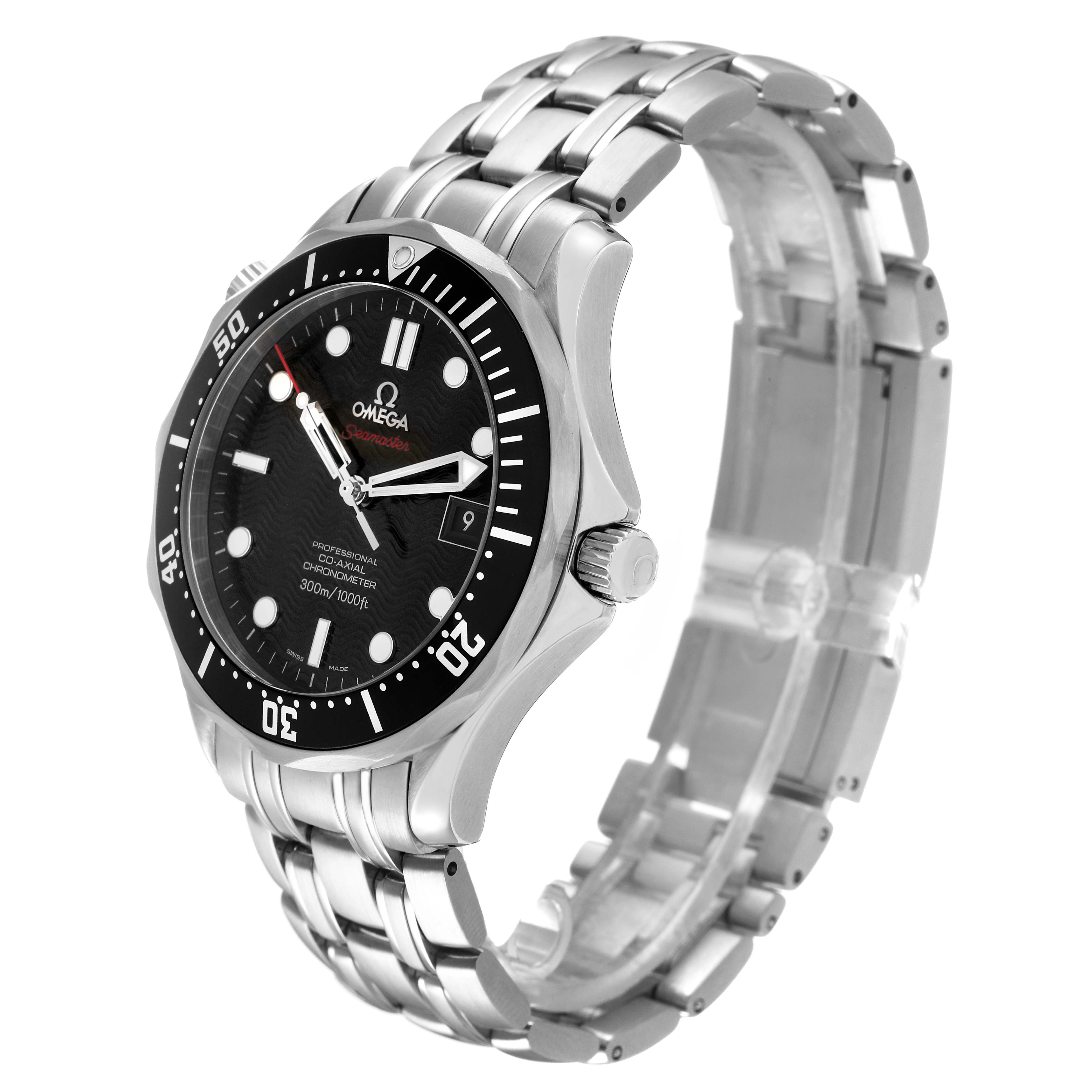 The Omega Seamaster 212.30.41.20.01.002 Men's Stainless Steel Black Dial watch is shown at a three-quarter angle, displaying the dial, bezel, crown, and bracelet.