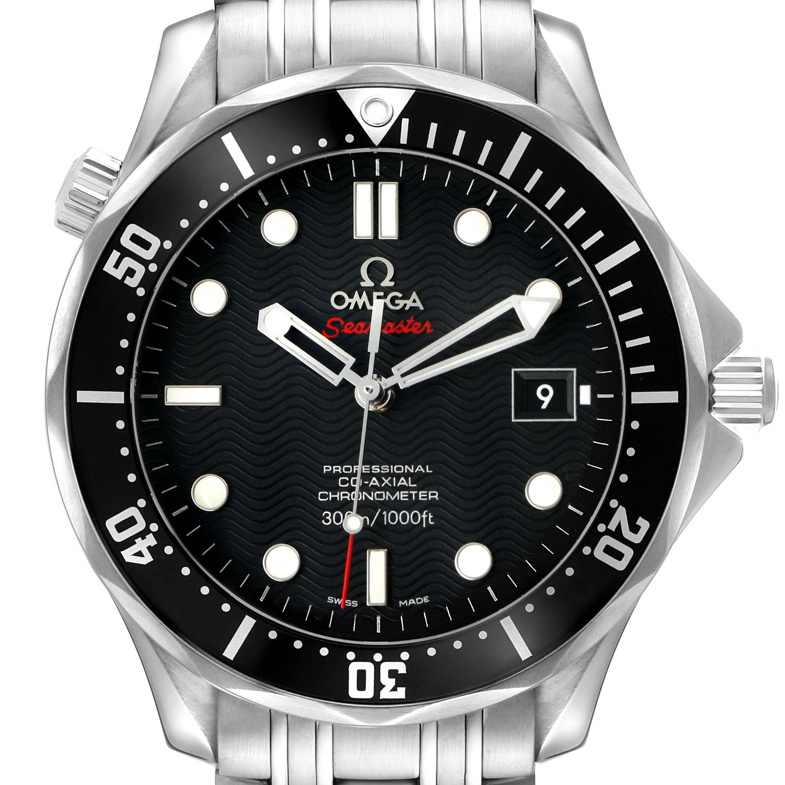 The image shows a frontal view of an Omega Seamaster 212.30.41.20.01.002 Men's Stainless Steel Black Dial watch, highlighting the dial, bezel, crown, and part of the bracelet.