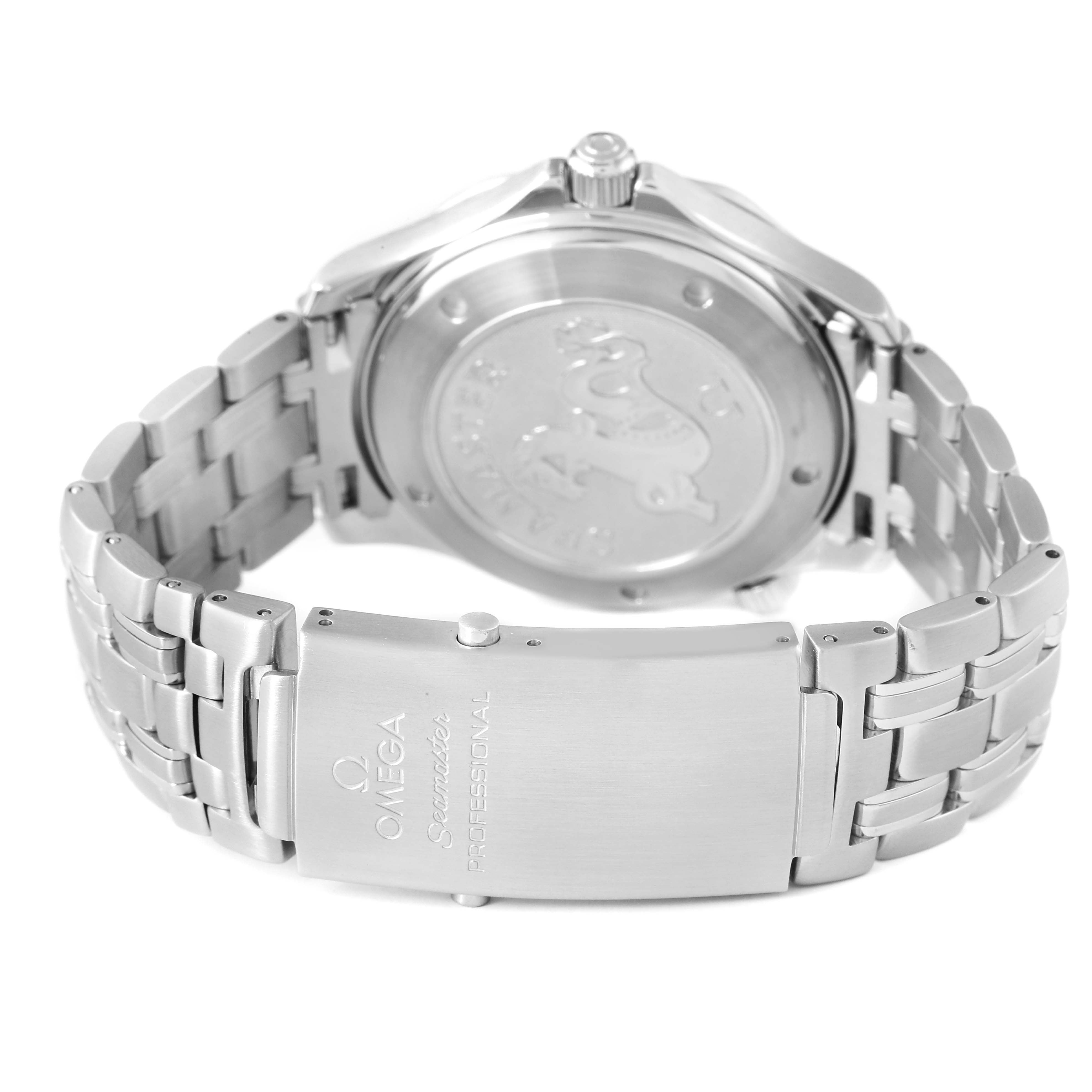 The image shows the back and side view of the Omega Seamaster 212.30.41.20.01.002 Men's Stainless Steel Black Dial watch, featuring the case back and stainless steel bracelet with clasp.