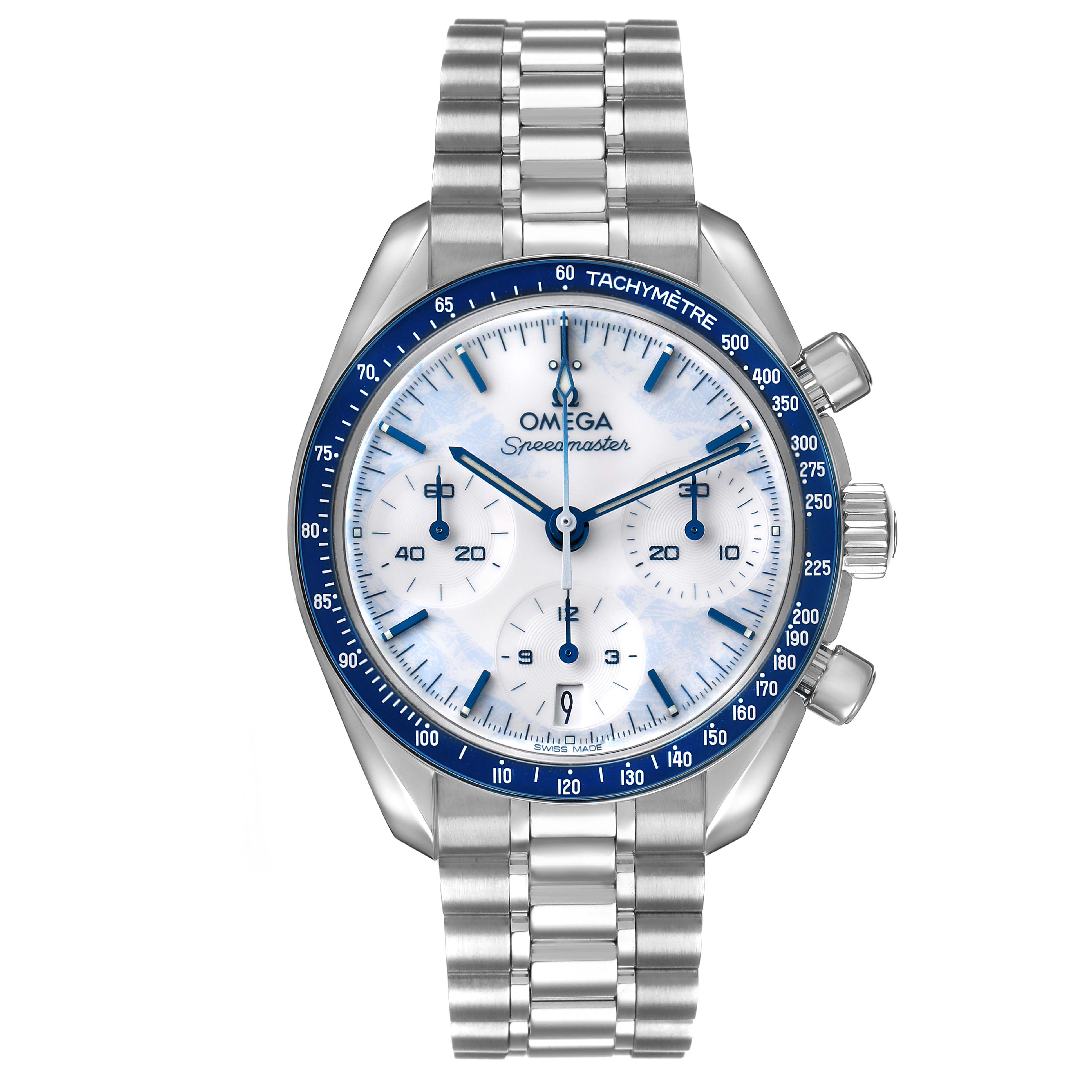 The Omega Speedmaster 324.30.38.40.04.001 Men's Stainless Steel White Dial watch is shown from the front, displaying its face, bezel, chronograph dials, and bracelet.
