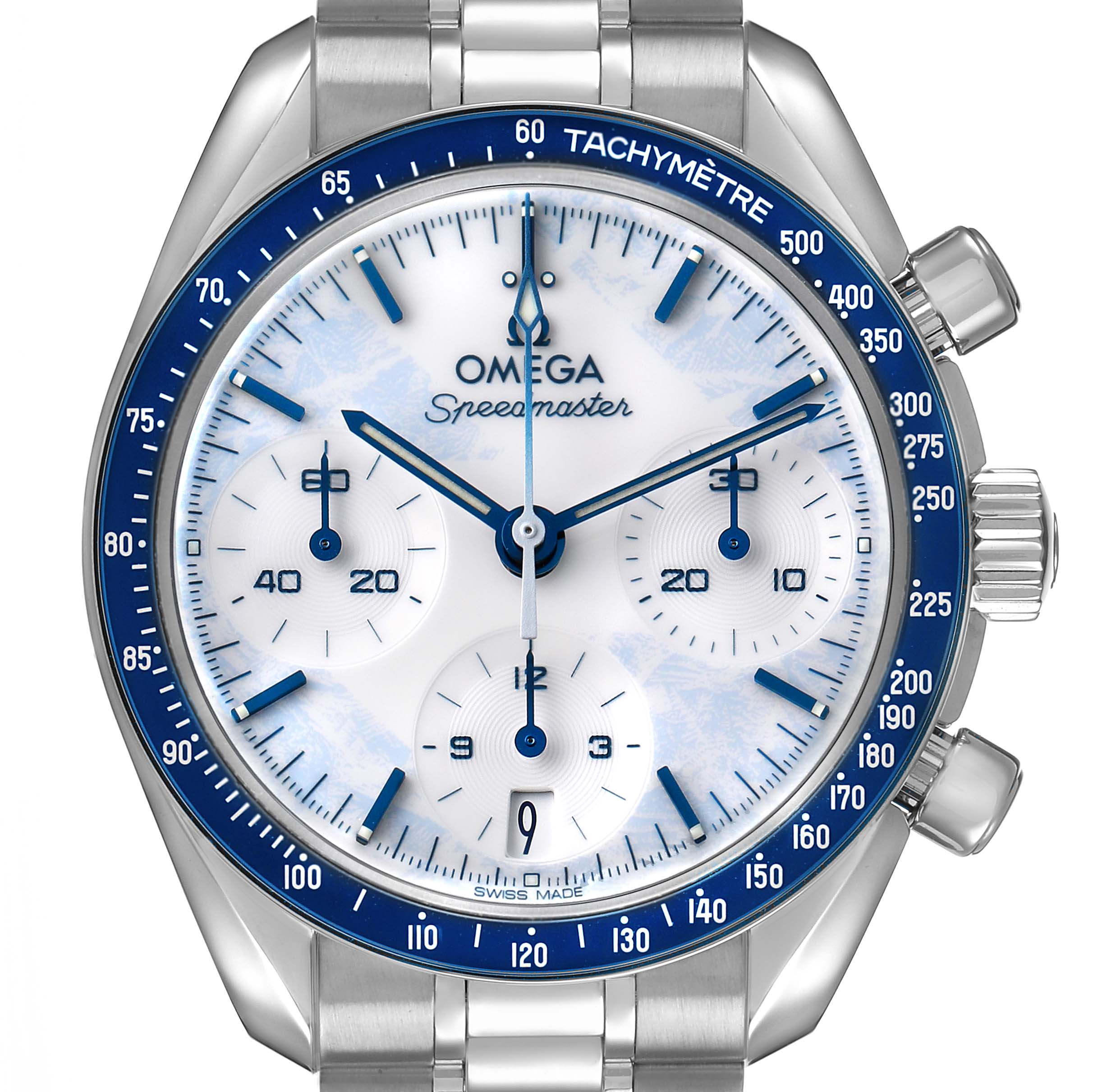 The Omega Speedmaster 324.30.38.40.04.001 Men's Stainless Steel White Dial watch is shown from a front angle, highlighting the dial, tachymeter bezel, subdials, and bracelet.