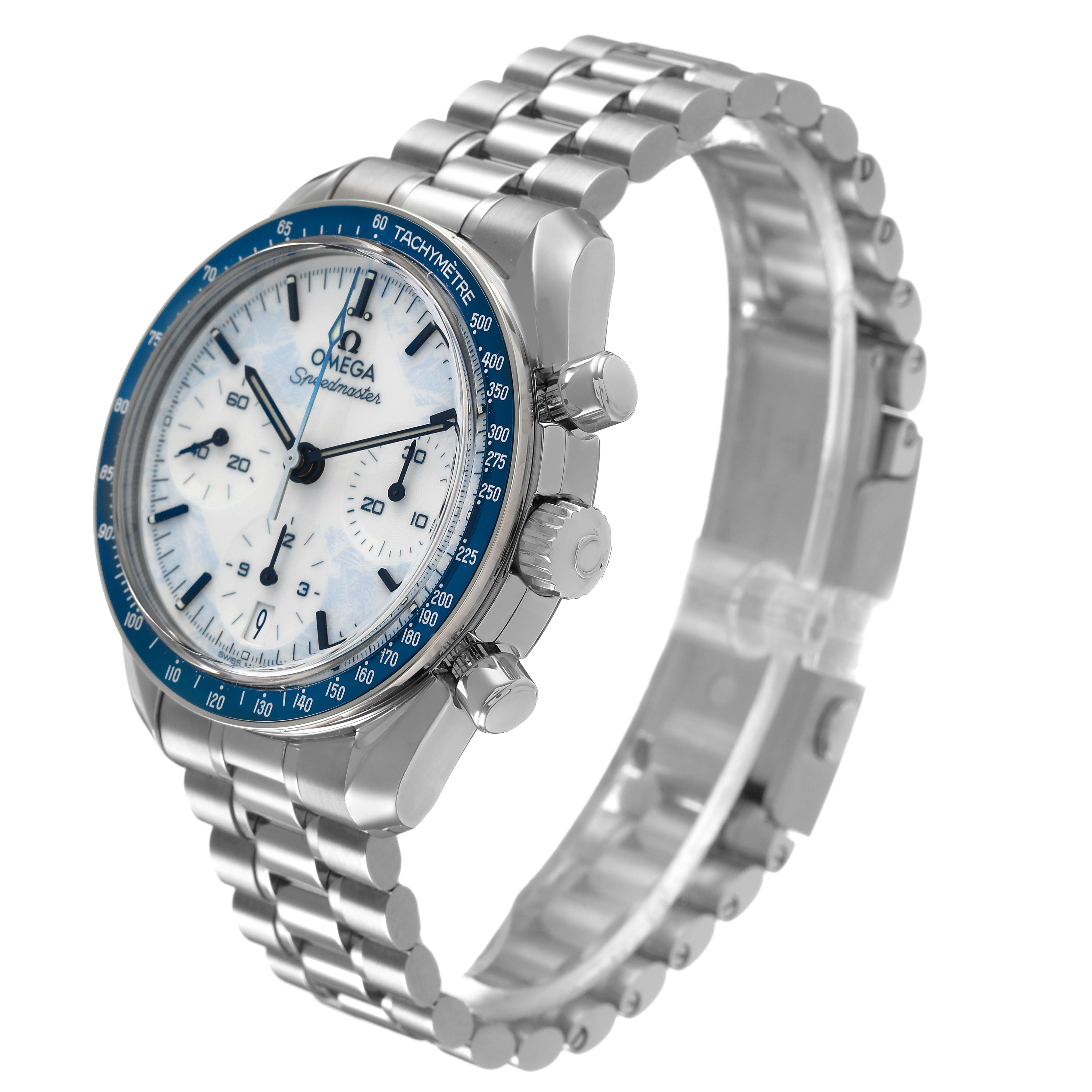 The Omega Speedmaster 324.30.38.40.04.001 Men's Stainless Steel White Dial watch is shown at a three-quarter angle, highlighting the face, bezel, and metal bracelet.