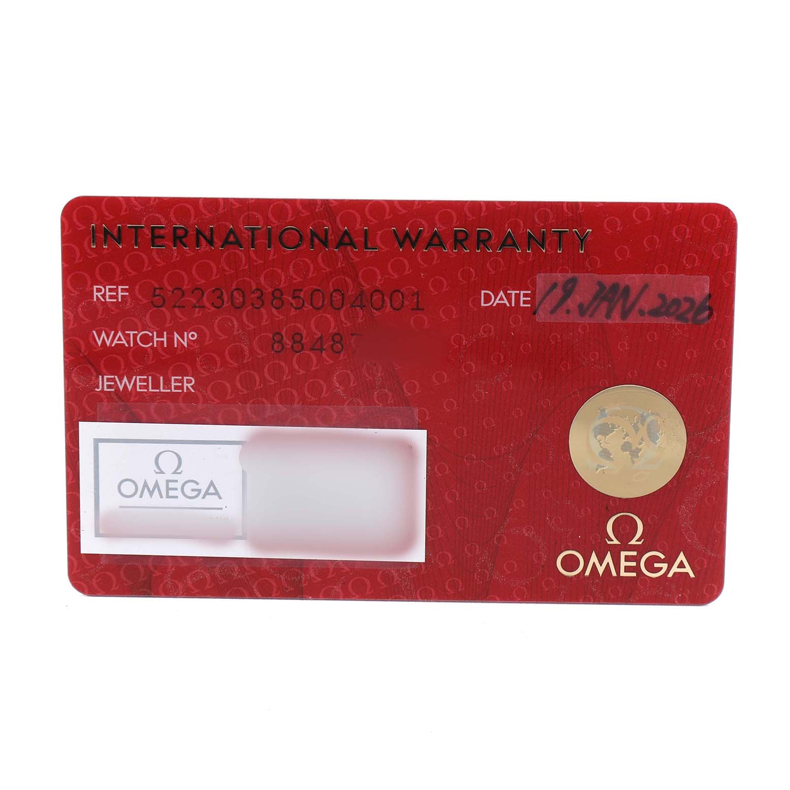 The image shows the international warranty card for an Omega Speedmaster 324.30.38.40.04.001 Men's Stainless Steel White Dial watch.
