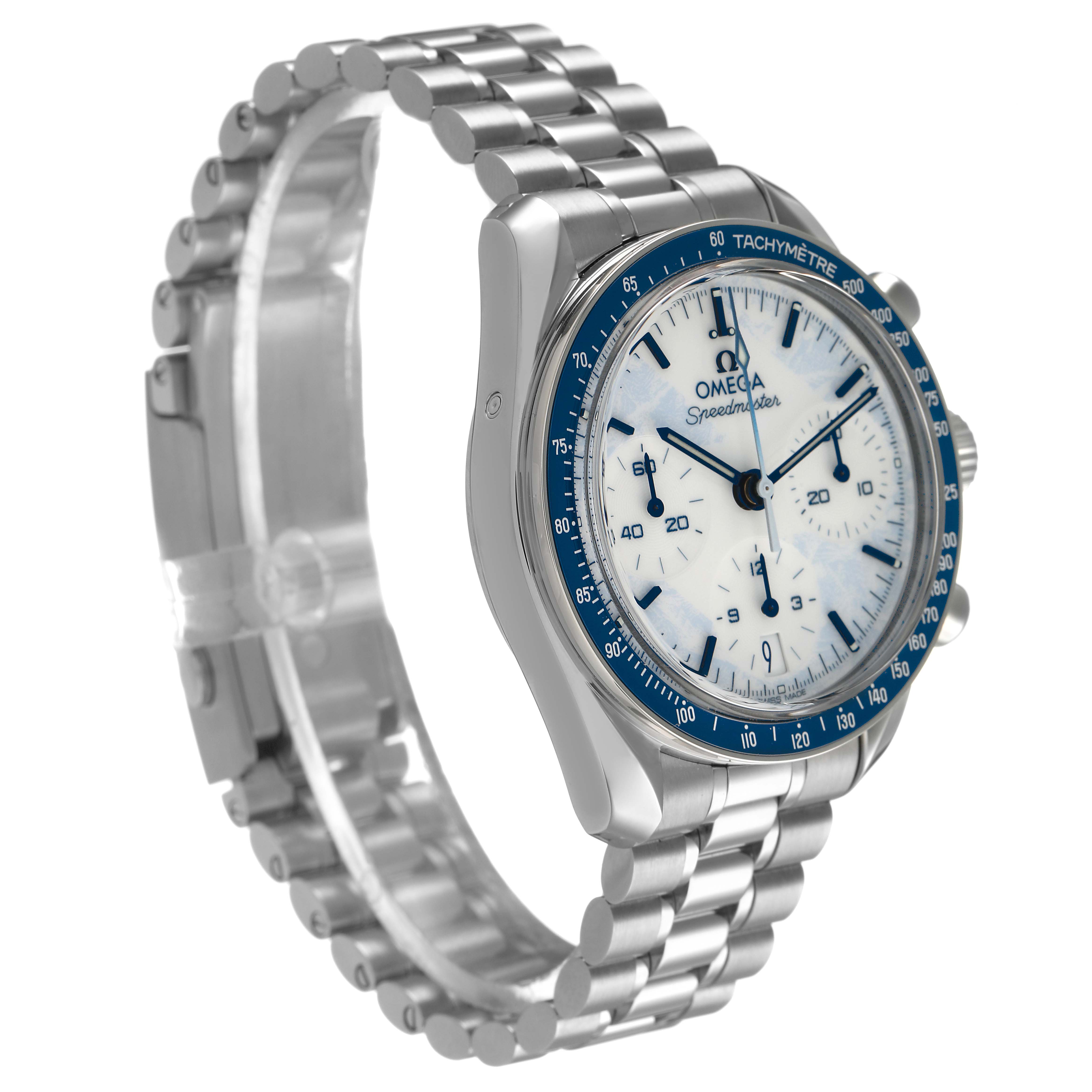The Omega Speedmaster 324.30.38.40.04.001 Men's Stainless Steel White Dial watch is shown at a 3/4 angle, displaying its face, bezel, pushers, and metal bracelet.