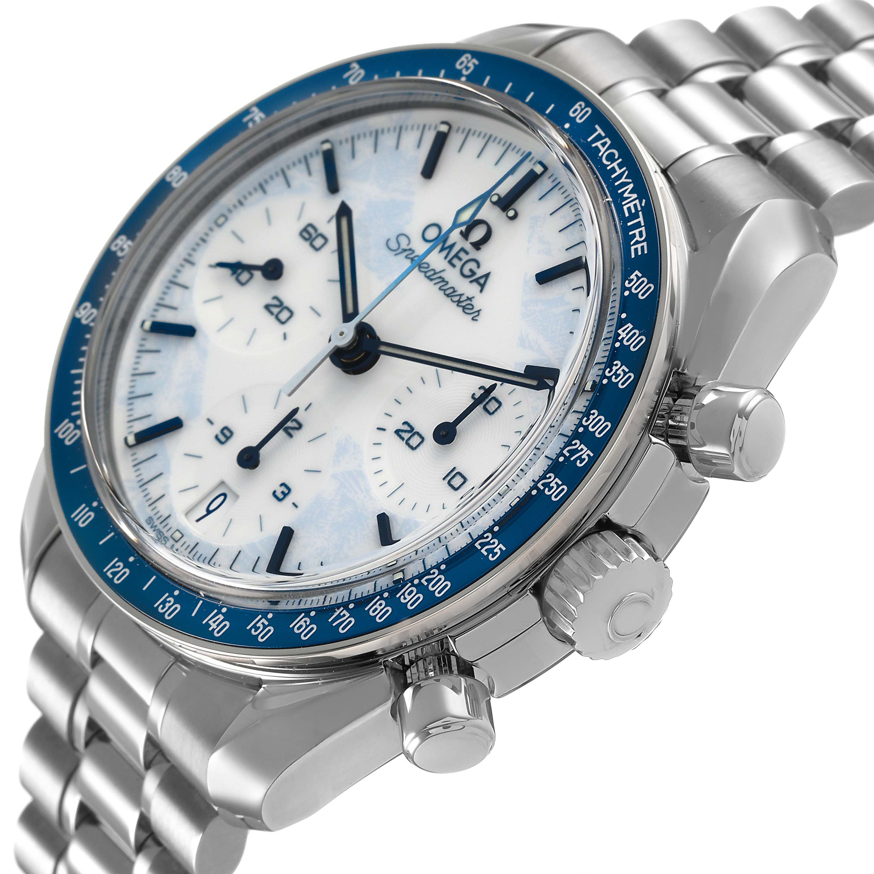 The Omega Speedmaster 324.30.38.40.04.001 Men's Stainless Steel White Dial watch is shown at a three-quarter angle, highlighting the dial, bezel, crown, and bracelet.