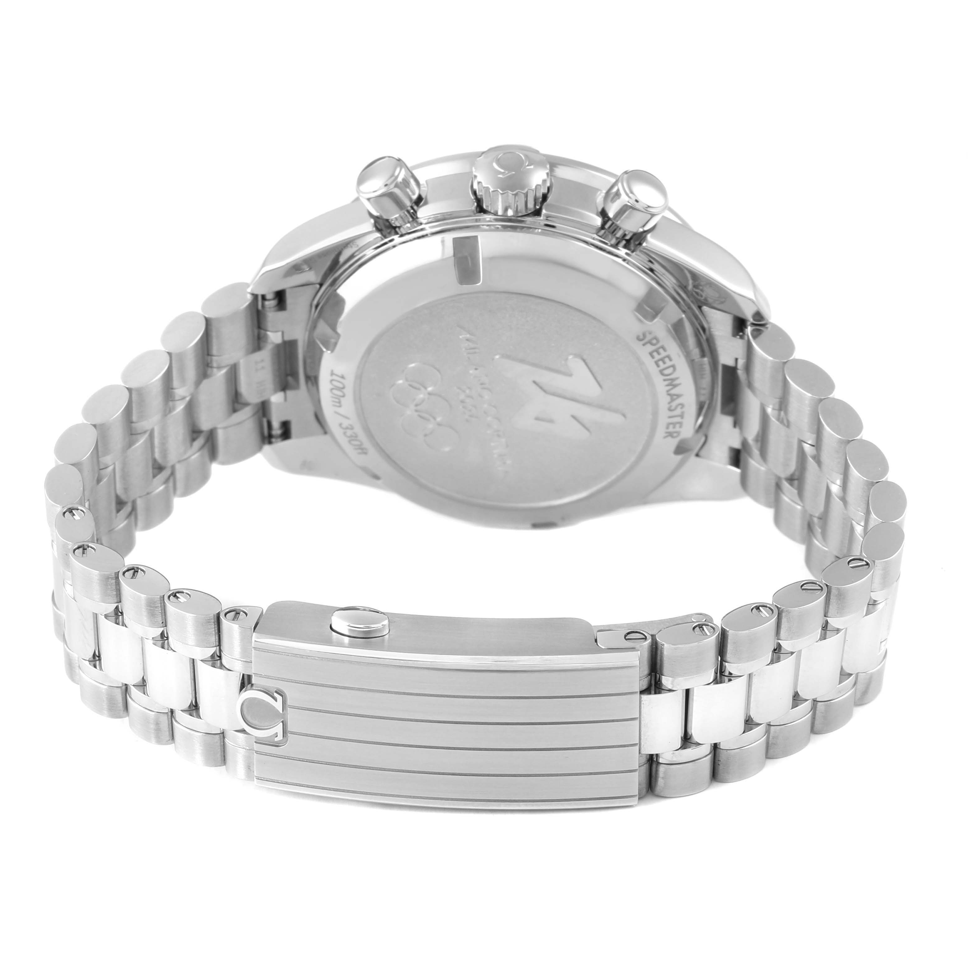 The image shows the back and bracelet of the Omega Speedmaster 324.30.38.40.04.001 Men's Stainless Steel White Dial, highlighting the case back and clasp.