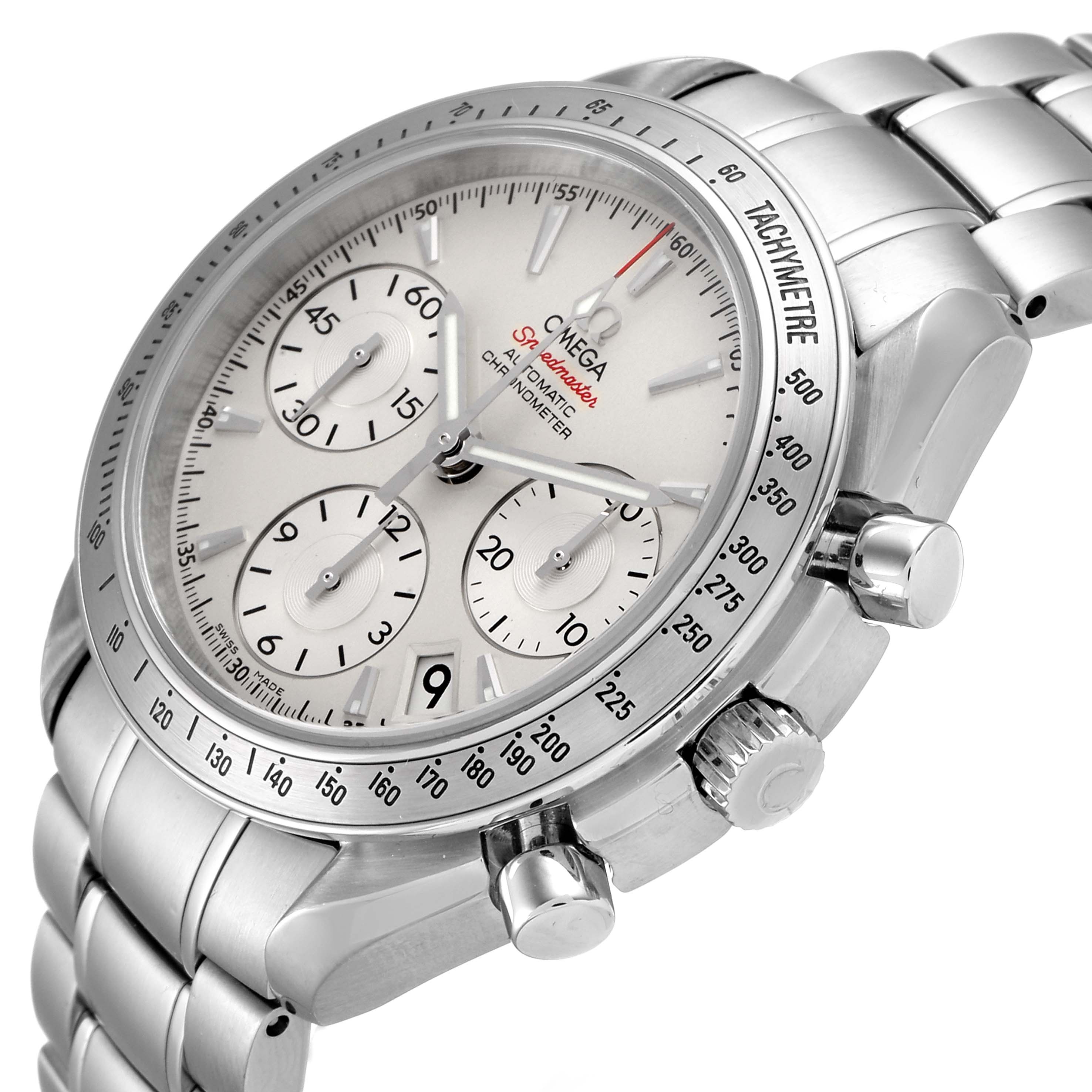 The image shows a close-up, angled view of the Omega Speedmaster 323.10.40.40.02.001 Men's Stainless Steel Silver Dial 323.10.40.40.02.001 Men's Stainless Steel Silver Dial watch, highlighting its dial, chronograph subdials, and tachymeter bezel.