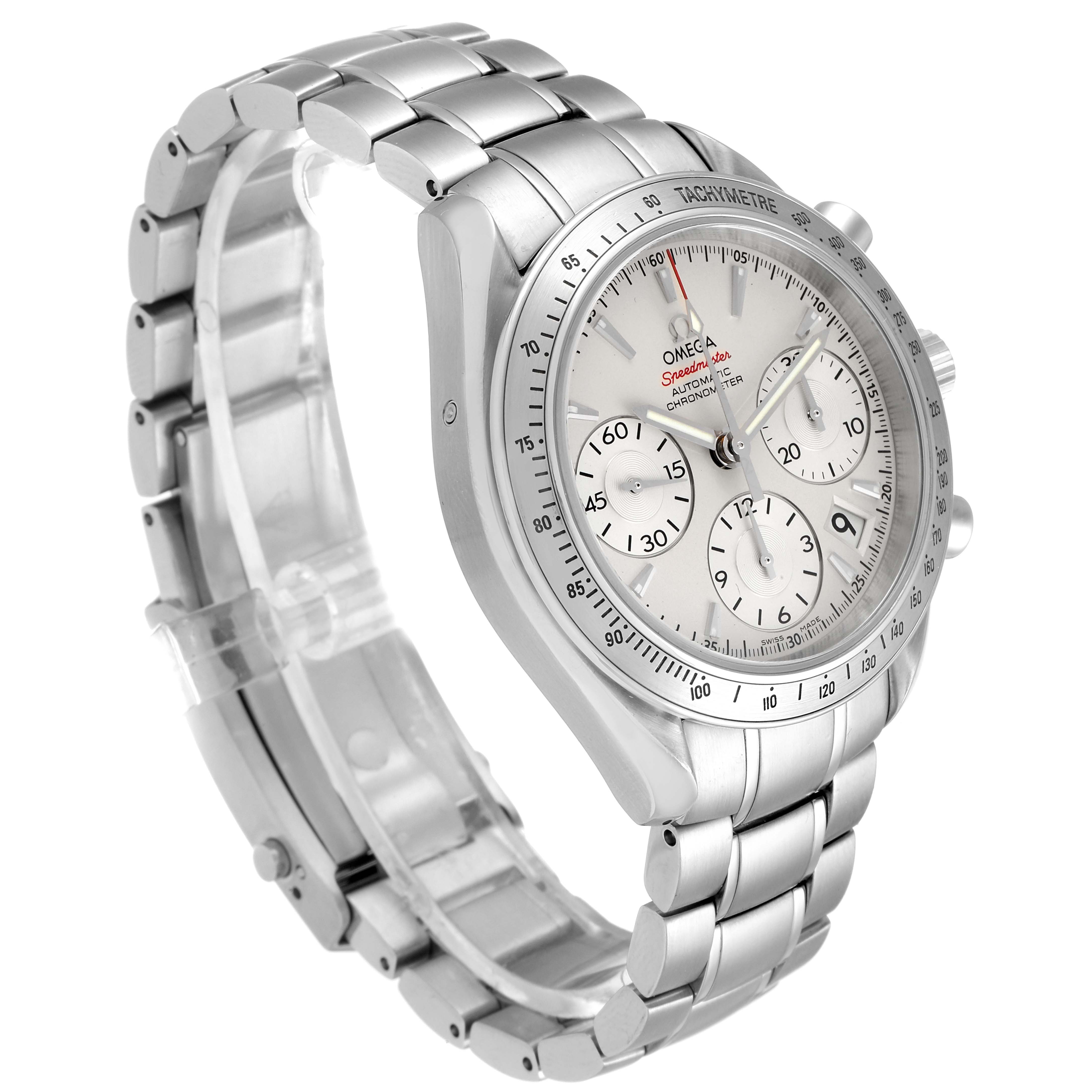 This image shows an Omega Speedmaster 323.10.40.40.02.001 Men's Stainless Steel Silver Dial 323.10.40.40.02.001 Men's Stainless Steel Silver Dial watch at a three-quarter angle, highlighting its face, chronograph dials, and metal bracelet.