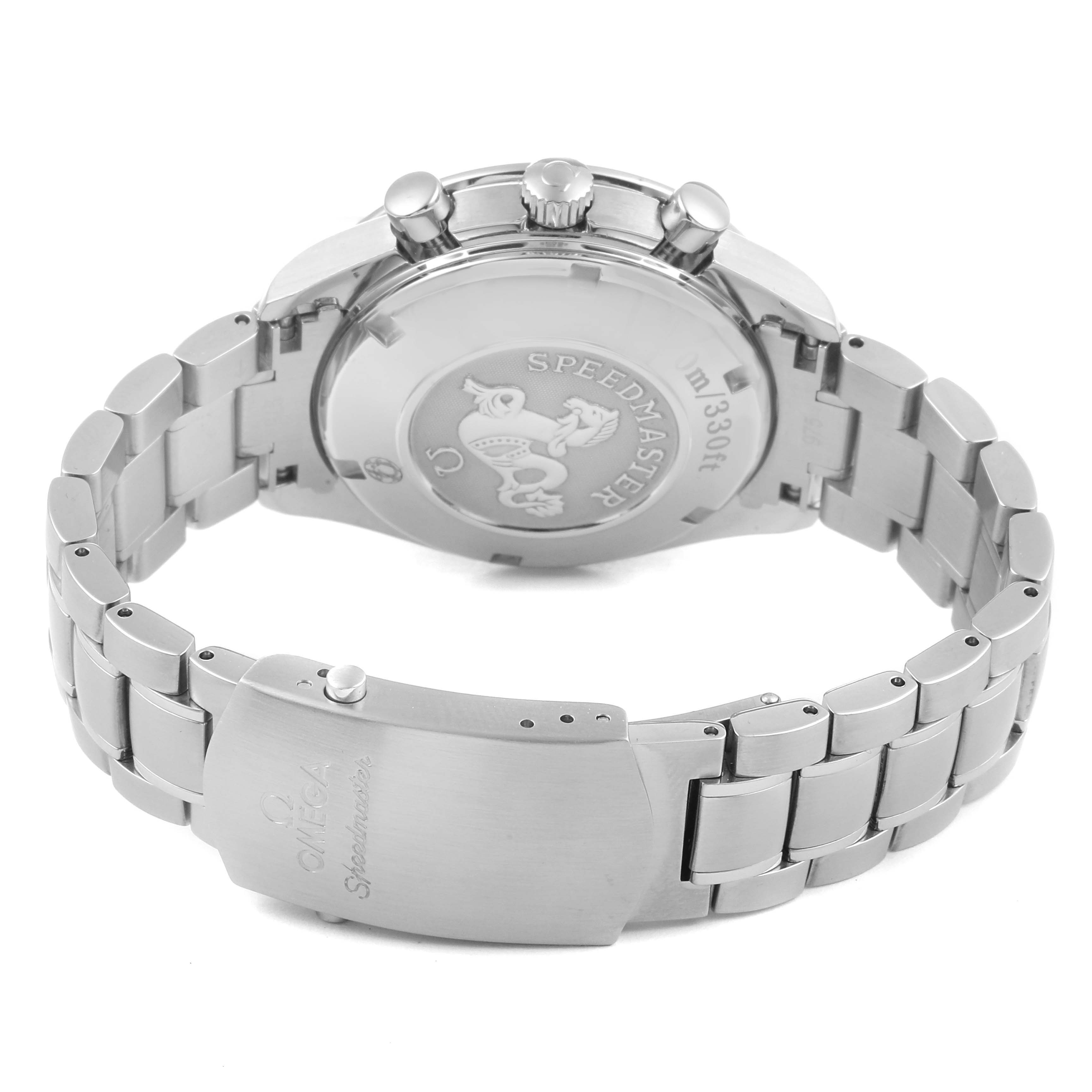The image shows the back and clasp of an Omega Speedmaster 323.10.40.40.02.001 Men's Stainless Steel Silver Dial 323.10.40.40.02.001 Men's Stainless Steel Silver Dial watch, highlighting the engraved case back and stainless steel bracelet.