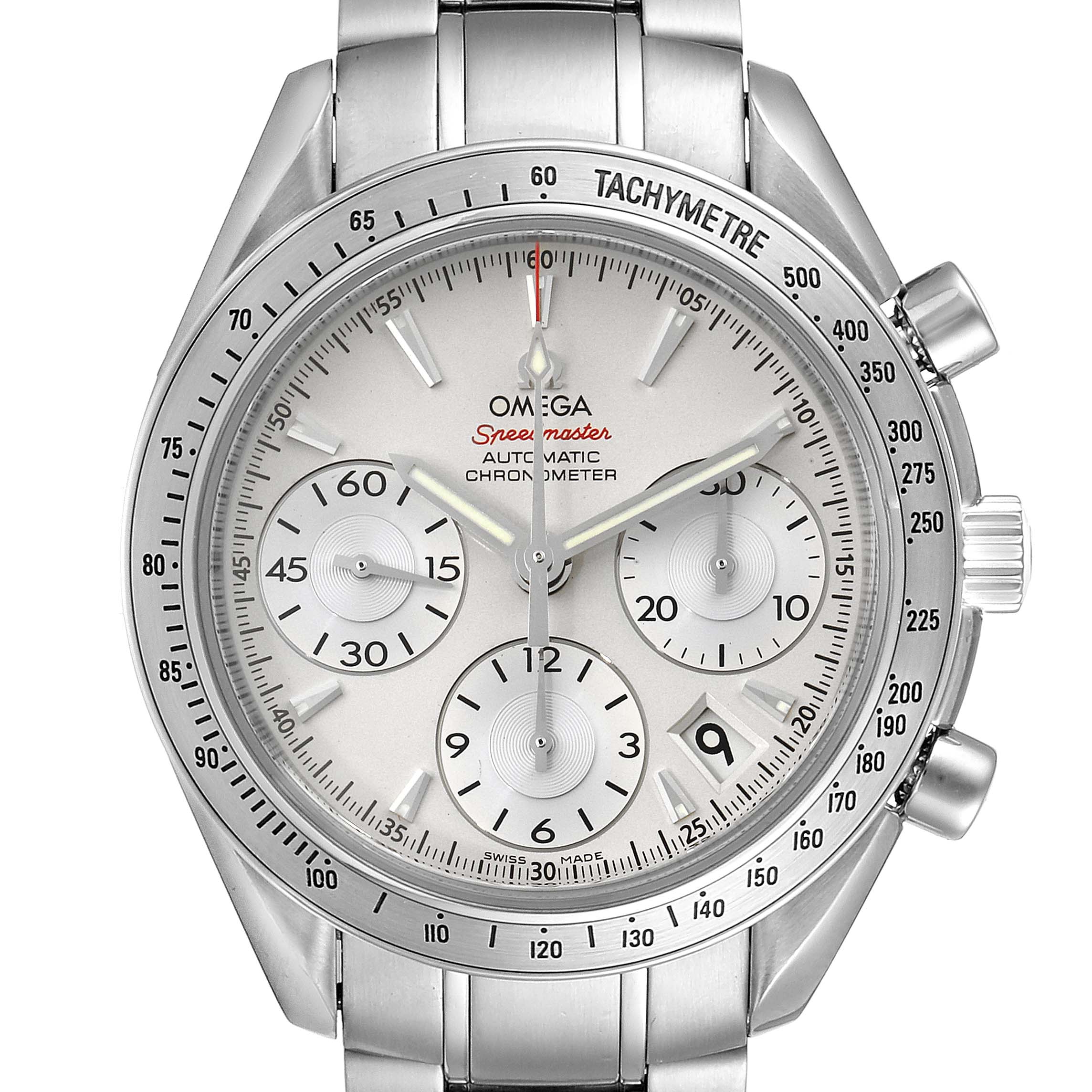 The image shows a front view of the Omega Speedmaster 323.10.40.40.02.001 Men's Stainless Steel Silver Dial 323.10.40.40.02.001 Men's Stainless Steel Silver Dial watch, highlighting its tachymeter, chronograph functions, and metallic bracelet.