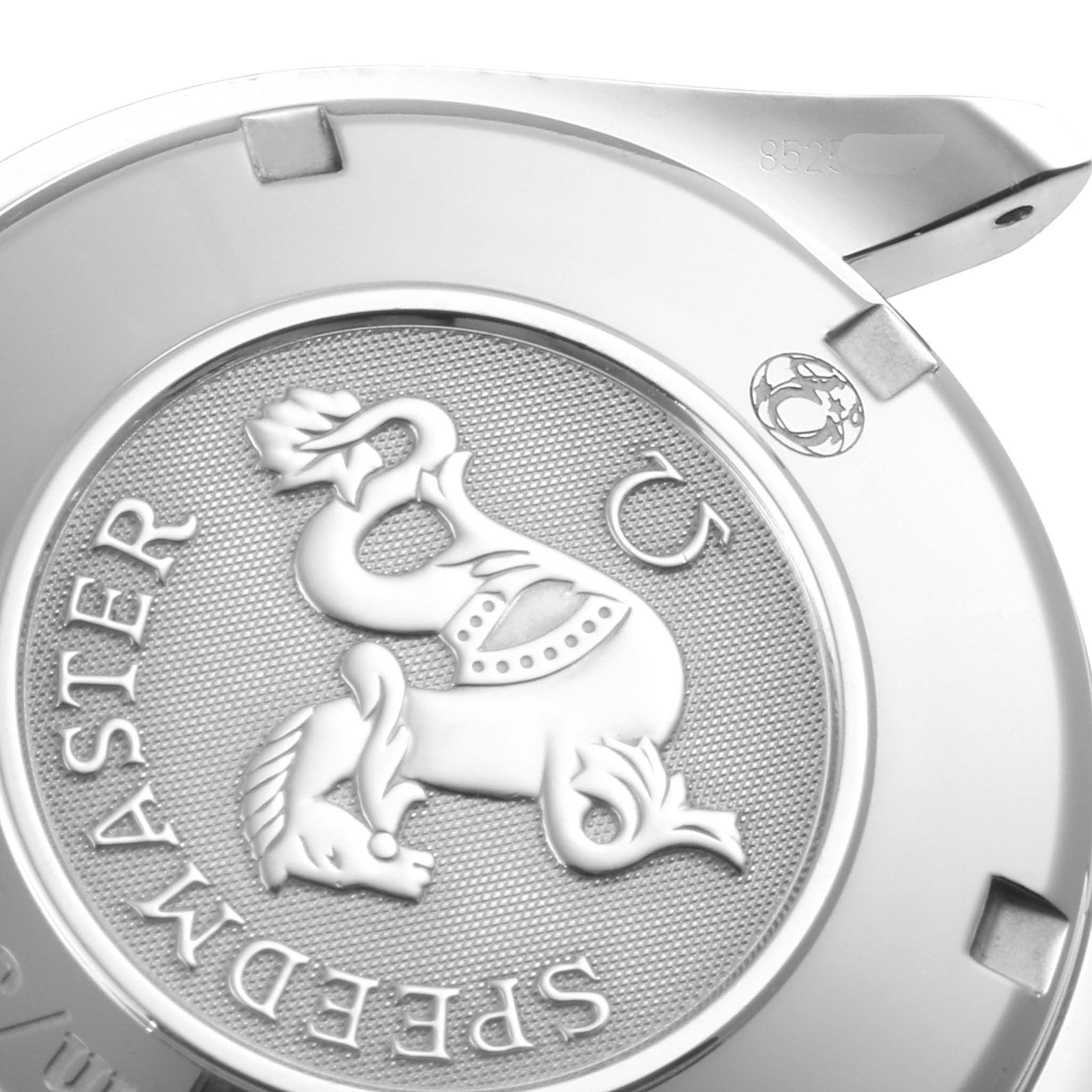 This image shows a close-up of the back case of an Omega Speedmaster 323.10.40.40.02.001 Men's Stainless Steel Silver Dial 323.10.40.40.02.001 Men's Stainless Steel Silver Dial watch, featuring a dragon emblem and the "Speedmaster" text.