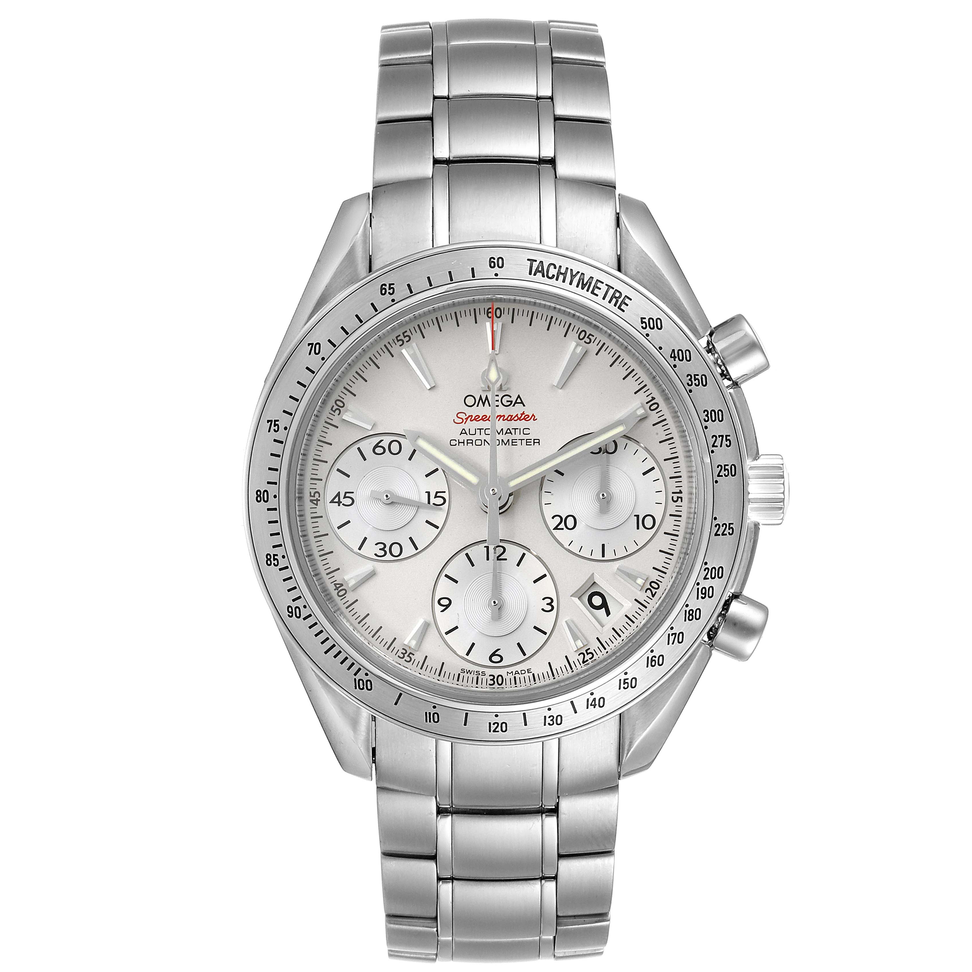 The Omega Speedmaster 323.10.40.40.02.001 Men's Stainless Steel Silver Dial 323.10.40.40.02.001 Men's Stainless Steel Silver Dial watch is shown from a front angle, displaying the dial, subdials, tachymeter bezel, and metal bracelet.