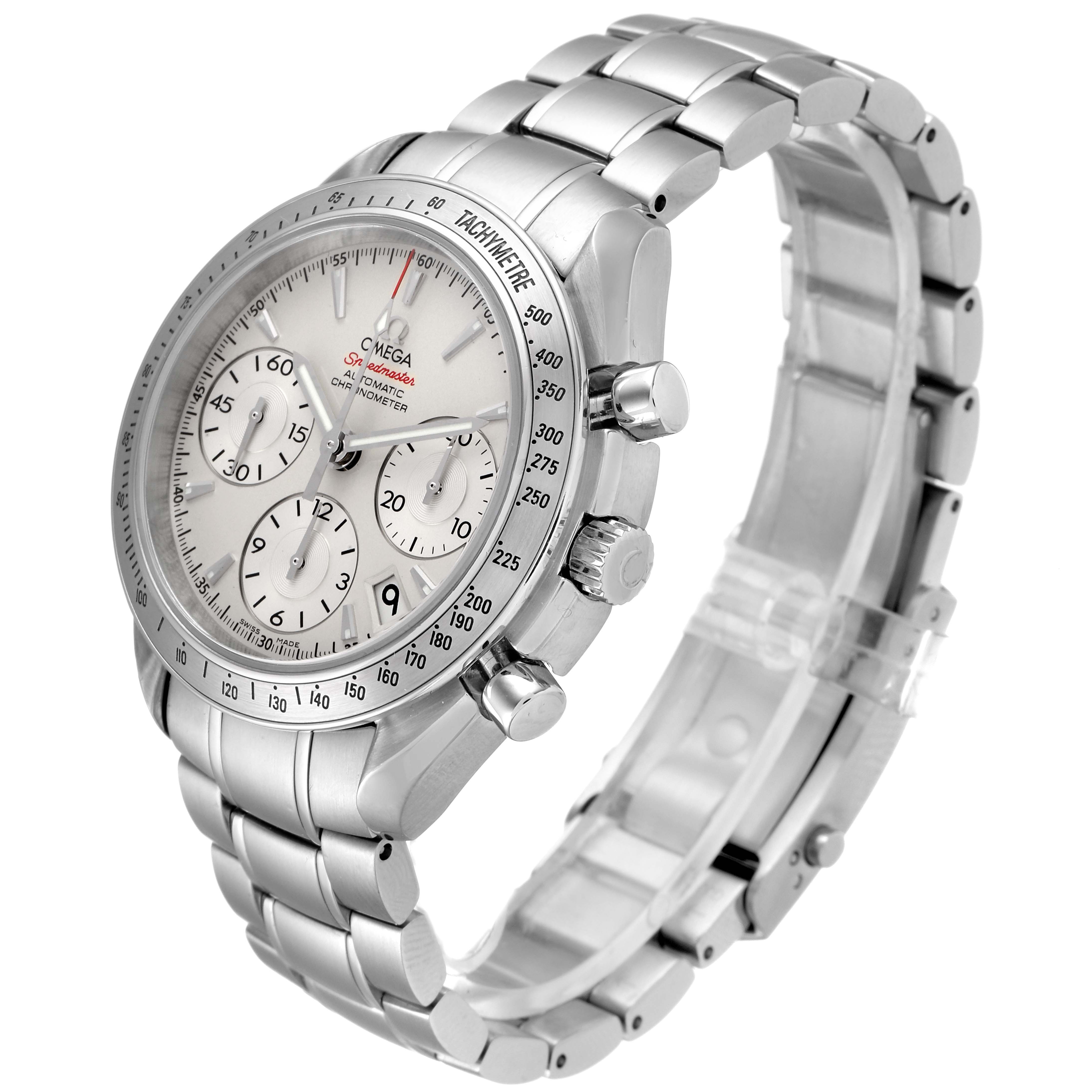 This image shows a side and slightly angled front view of an Omega Speedmaster 323.10.40.40.02.001 Men's Stainless Steel Silver Dial 323.10.40.40.02.001 Men's Stainless Steel Silver Dial watch, highlighting the dial, subdials, bezel, and bracelet.