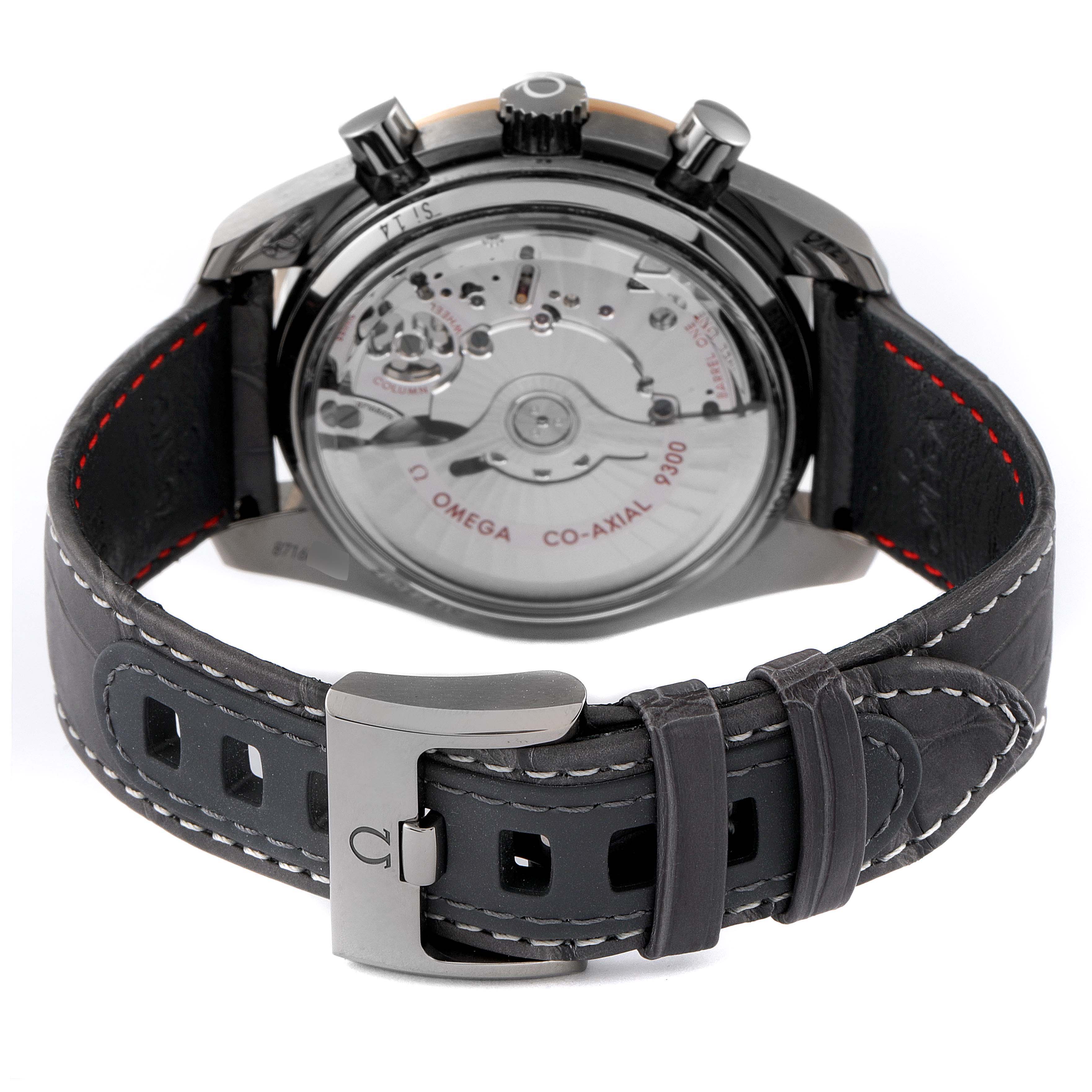 This image shows the back view of an Omega Speedmaster 311.63.44.51.99.002 Men
s Ceramic Grey Dial 311.63.44.51.99.002 Men
s Ceramic Grey Dial watch, revealing its movement, case back, and black leather strap.