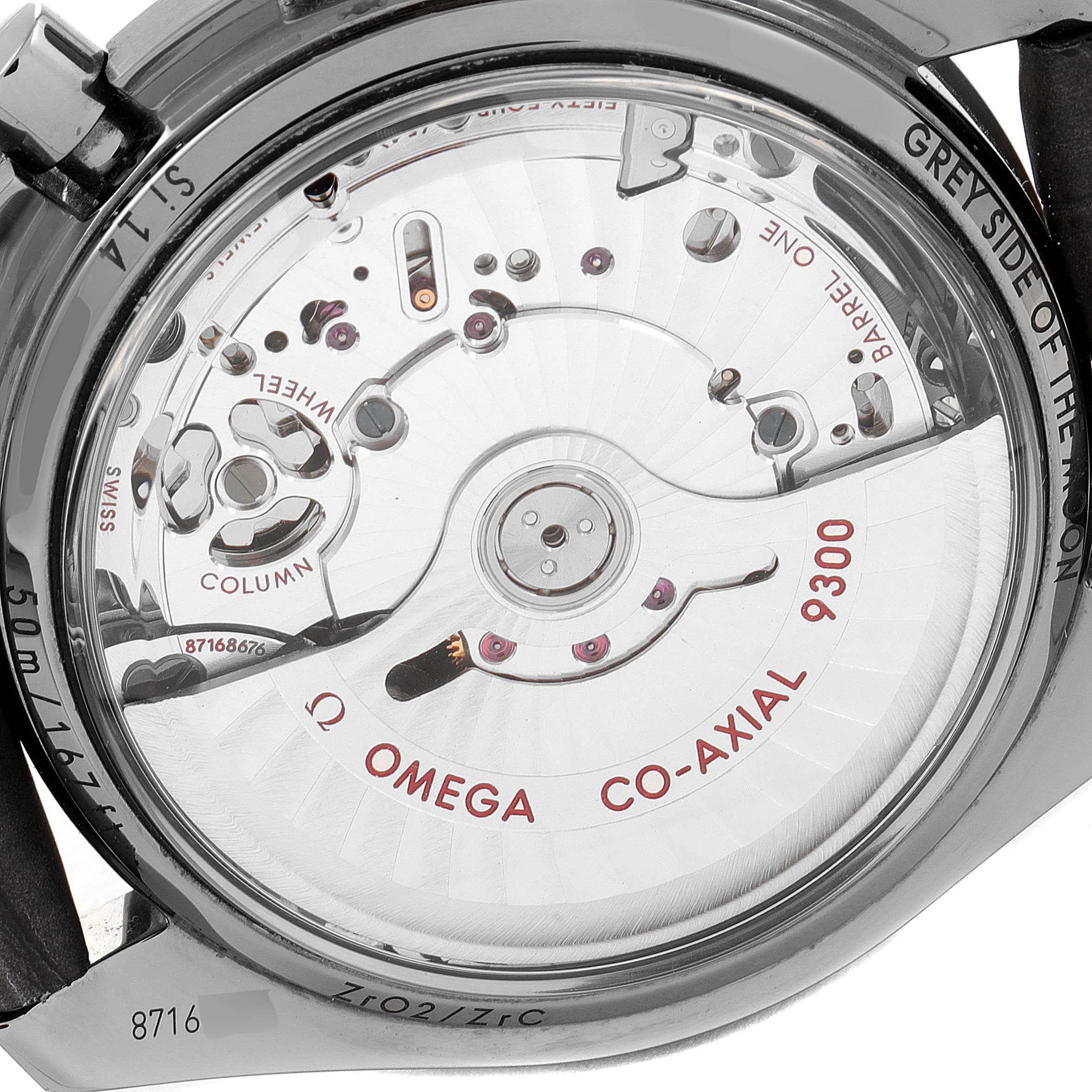 The image shows the back view of an Omega Speedmaster 311.63.44.51.99.002 Men
s Ceramic Grey Dial 311.63.44.51.99.002 Men
s Ceramic Grey Dial watch, highlighting the Co-Axial 9300 movement.