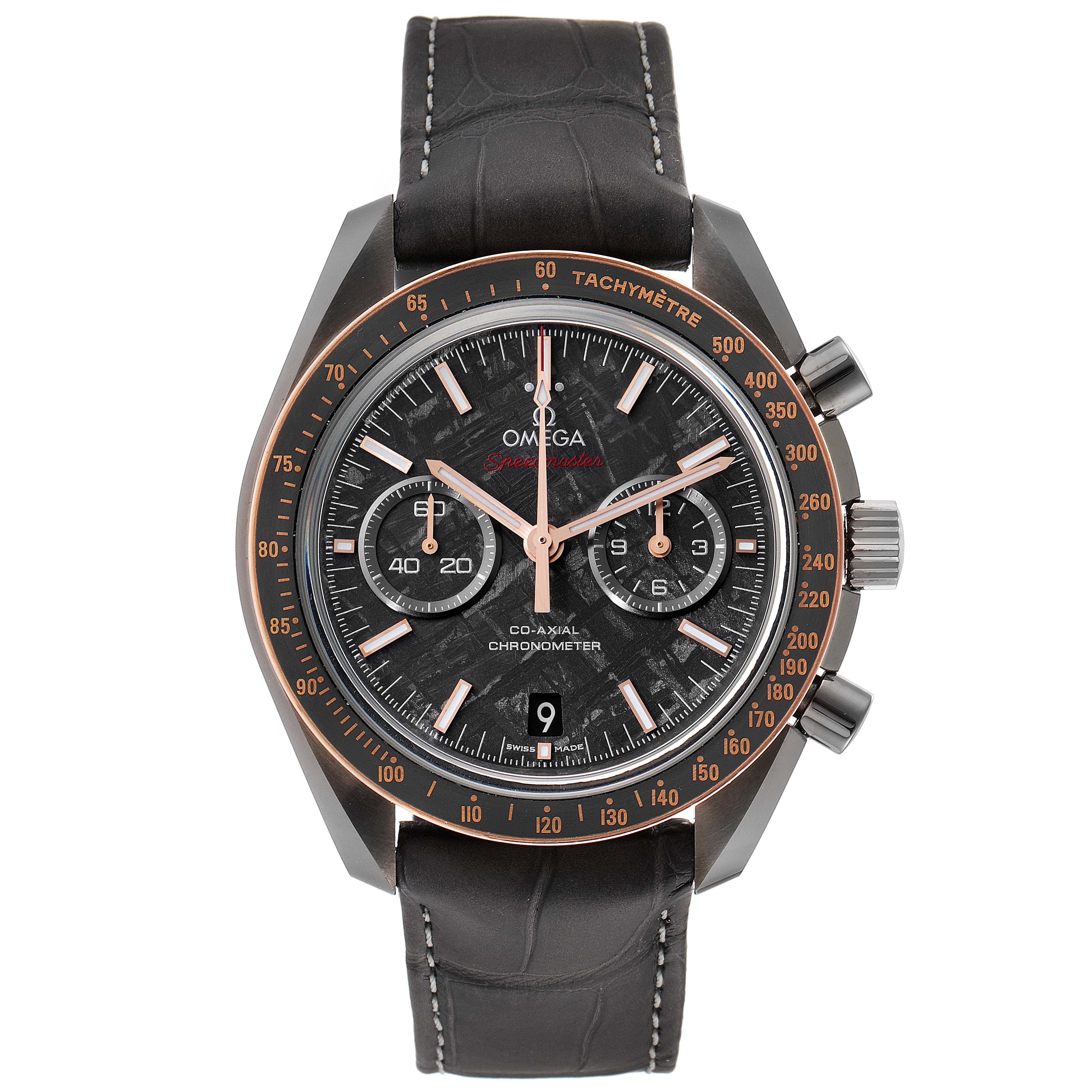 The image shows a front view of the Omega Speedmaster 311.63.44.51.99.002 Men
s Ceramic Grey Dial 311.63.44.51.99.002 Men
s Ceramic Grey Dial watch, highlighting the dial, chronograph subdials, and tachymeter bezel.