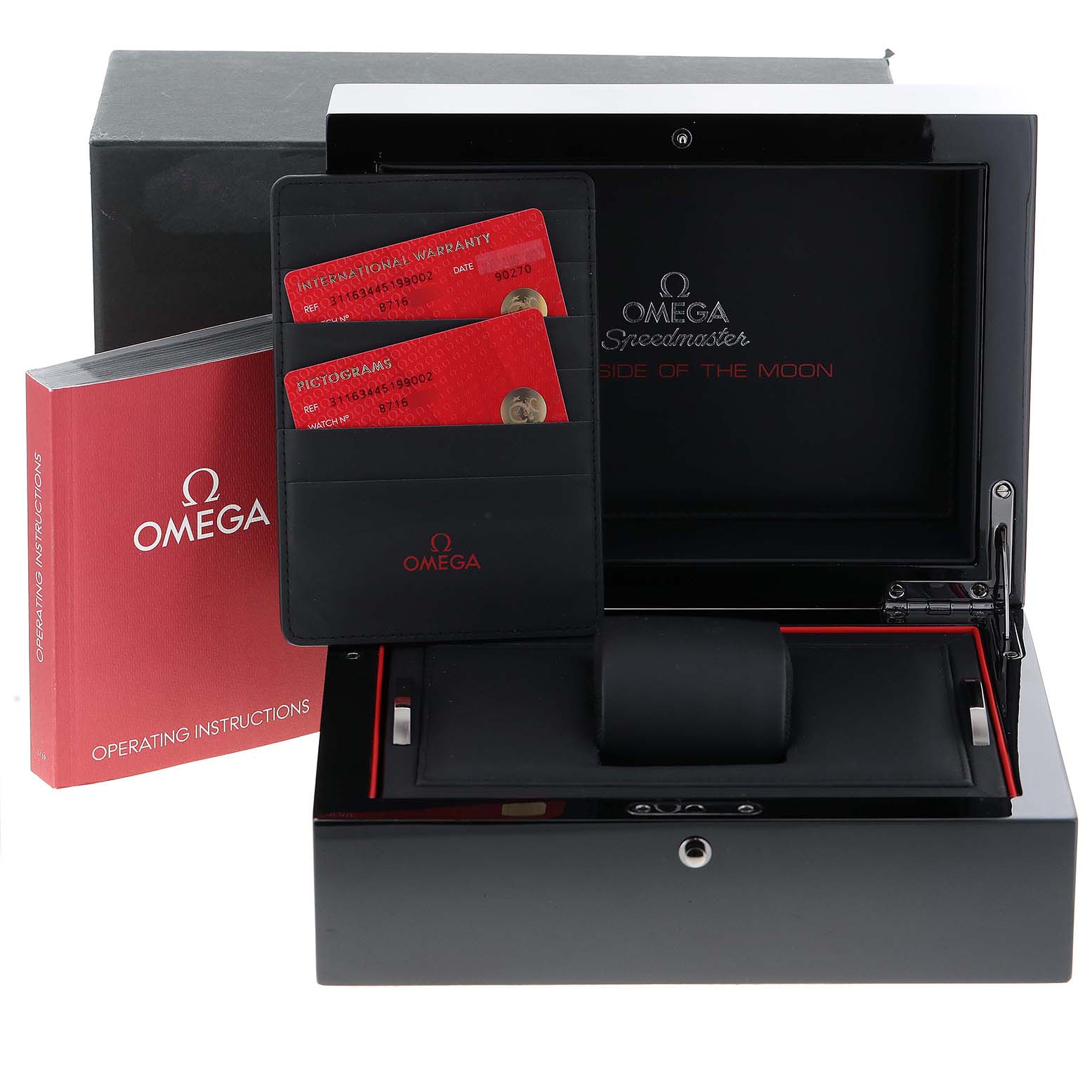 The image shows an Omega Speedmaster 311.63.44.51.99.002 Men
s Ceramic Grey Dial 311.63.44.51.99.002 Men
s Ceramic Grey Dial watch box, two red cards, and an operating instructions booklet from a front angle.