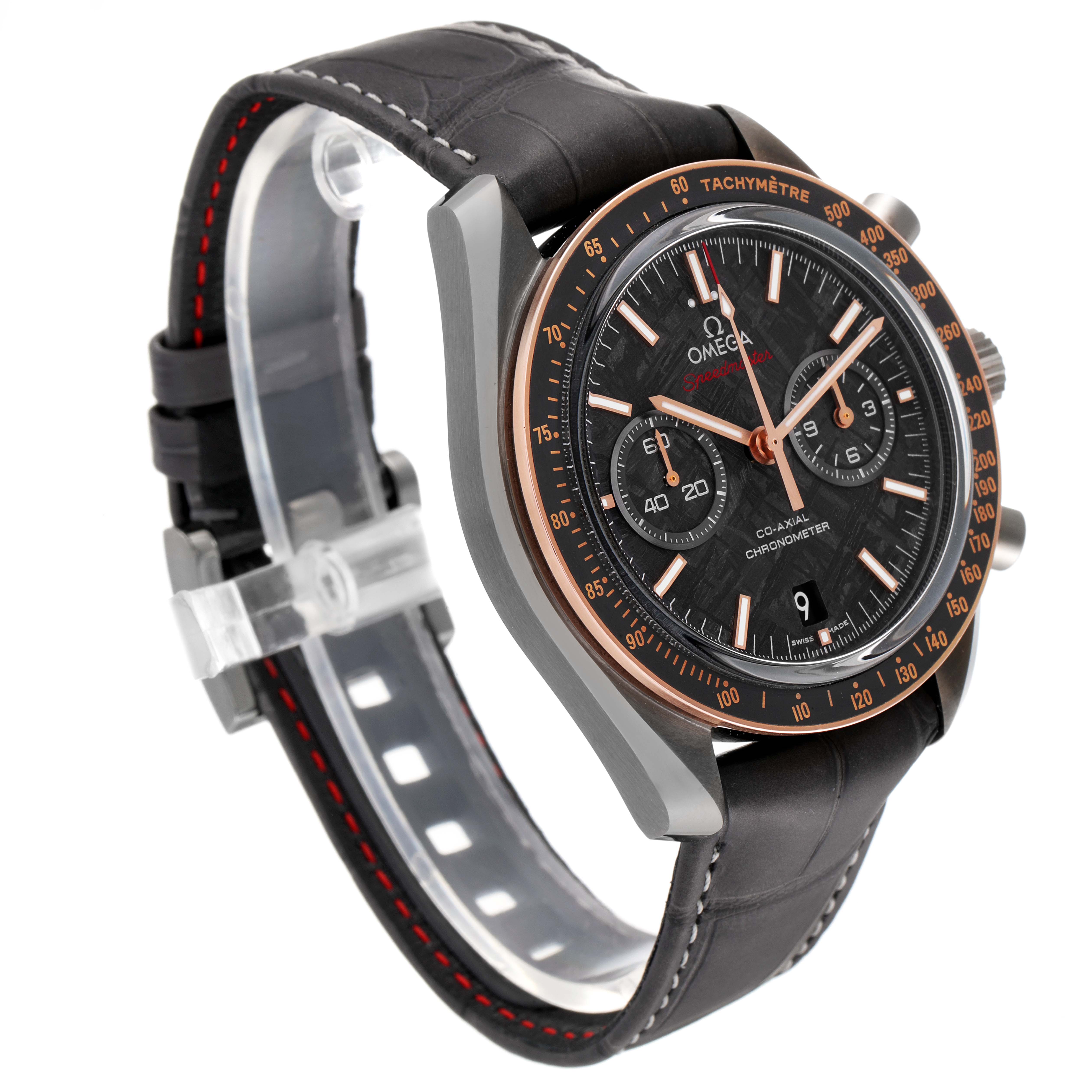 The image shows an angled view of an Omega Speedmaster 311.63.44.51.99.002 Men
s Ceramic Grey Dial 311.63.44.51.99.002 Men
s Ceramic Grey Dial watch, highlighting the face, bezel, and leather strap.