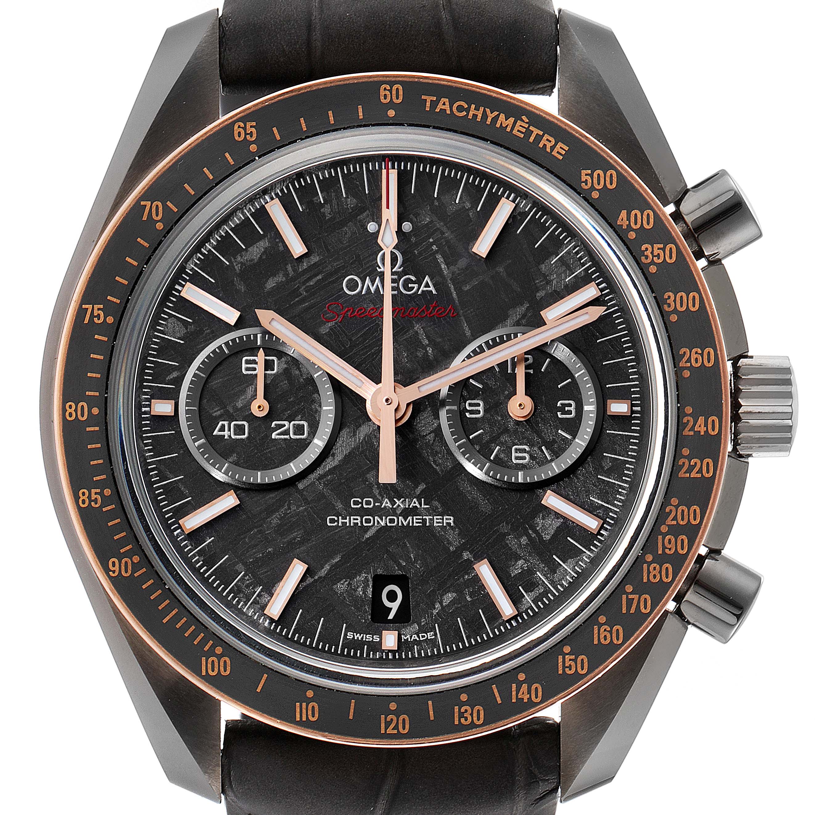 The Omega Speedmaster 311.63.44.51.99.002 Men
s Ceramic Grey Dial 311.63.44.51.99.002 Men
s Ceramic Grey Dial watch is shown from a front angle, highlighting the tachymeter bezel, chronograph subdials, and date window.