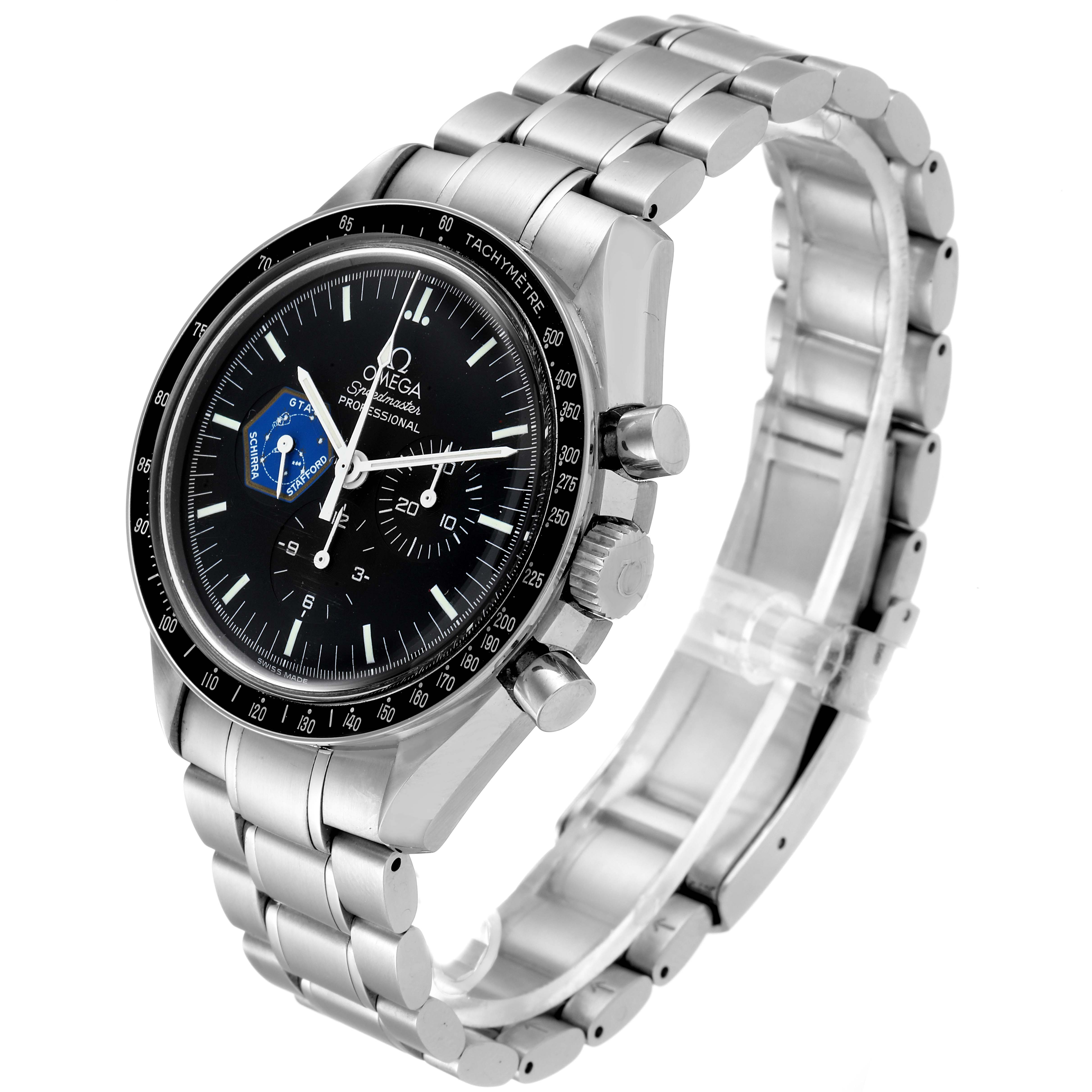 The image shows an Omega Speedmaster 3597.04.00 Men's Stainless Steel Black Dial 3597.04.00 Men's Stainless Steel Black Dial watch at an angle highlighting the face, bezel, crown, and stainless steel bracelet.