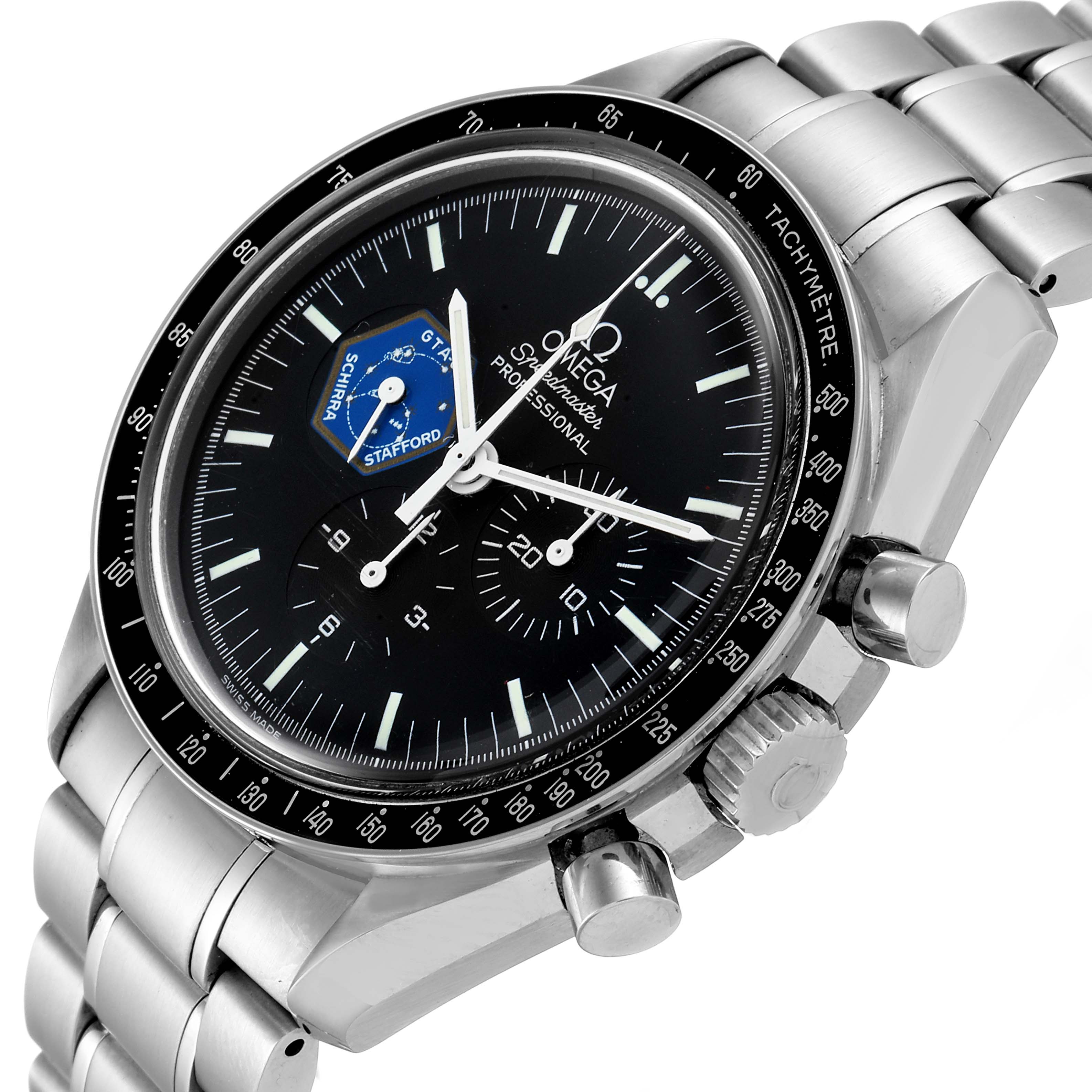 The image shows an Omega Speedmaster 3597.04.00 Men's Stainless Steel Black Dial 3597.04.00 Men's Stainless Steel Black Dial watch from an angled top-side view, highlighting its dial, bezel, crown, pushers, and bracelet.