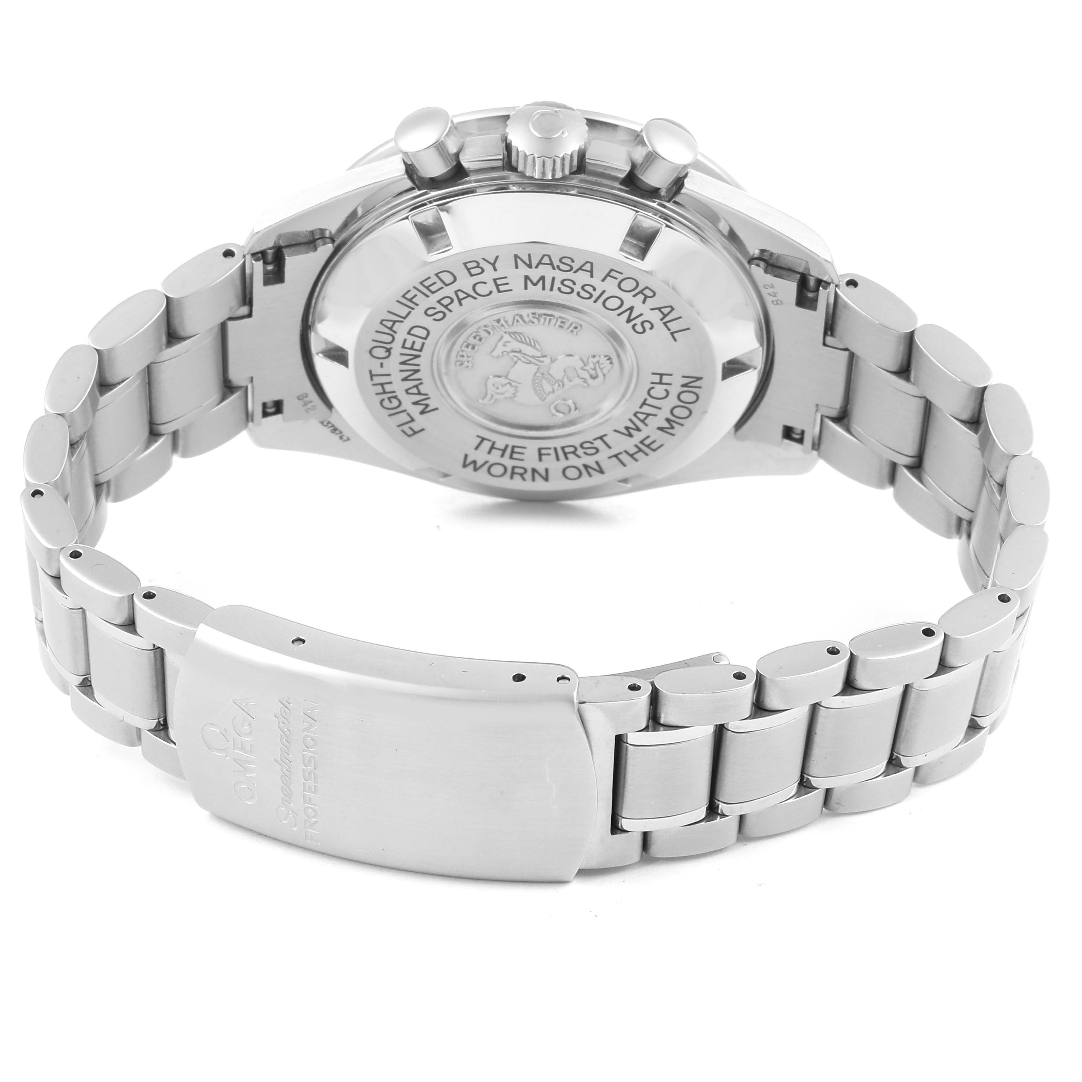 The image shows the back and bracelet of an Omega Speedmaster 3597.04.00 Men's Stainless Steel Black Dial 3597.04.00 Men's Stainless Steel Black Dial watch, highlighting its clasp and engraved case back.