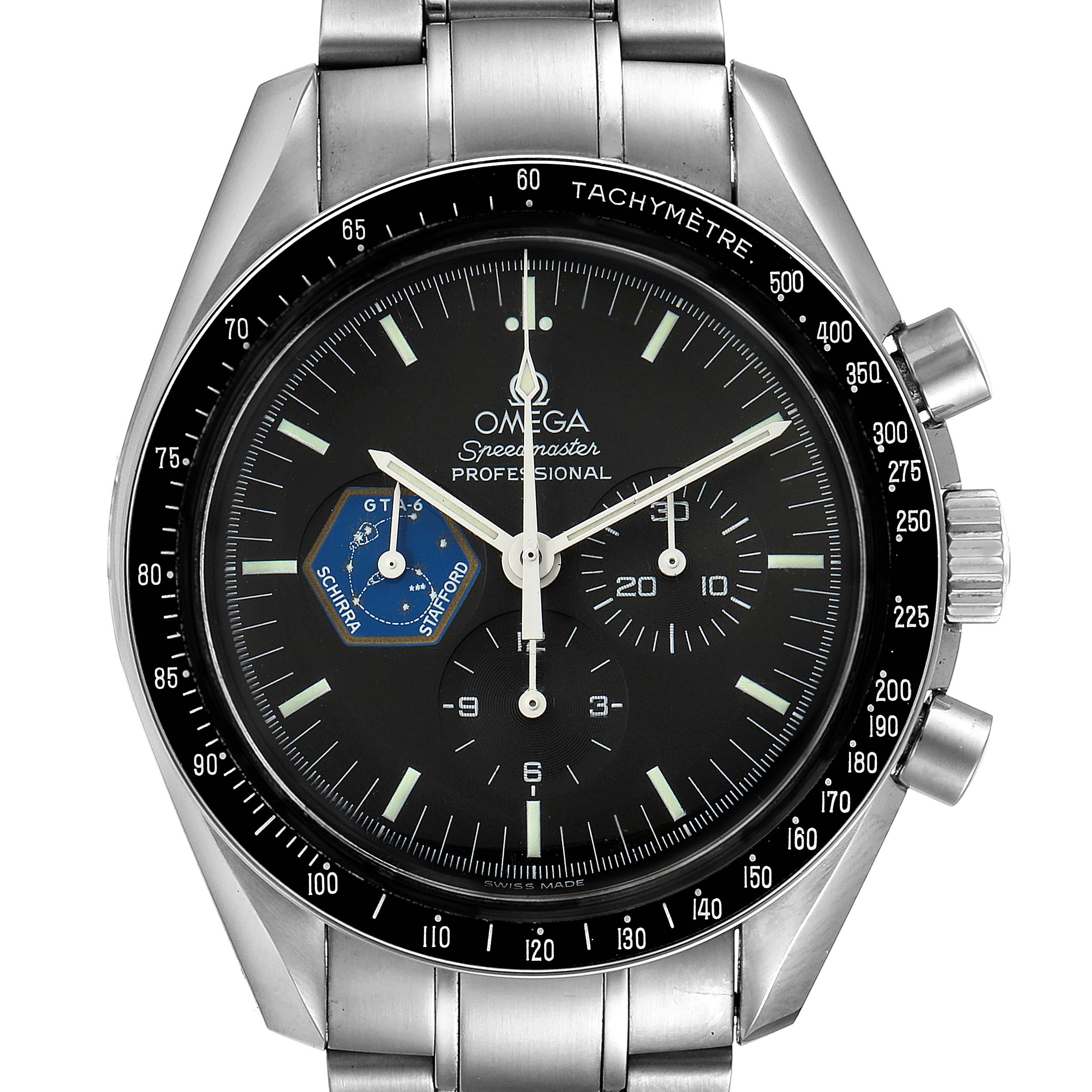 This image shows a front view of the Omega Speedmaster 3597.04.00 Men's Stainless Steel Black Dial 3597.04.00 Men's Stainless Steel Black Dial Professional watch, highlighting its dial, chronograph subdials, and tachymeter bezel.