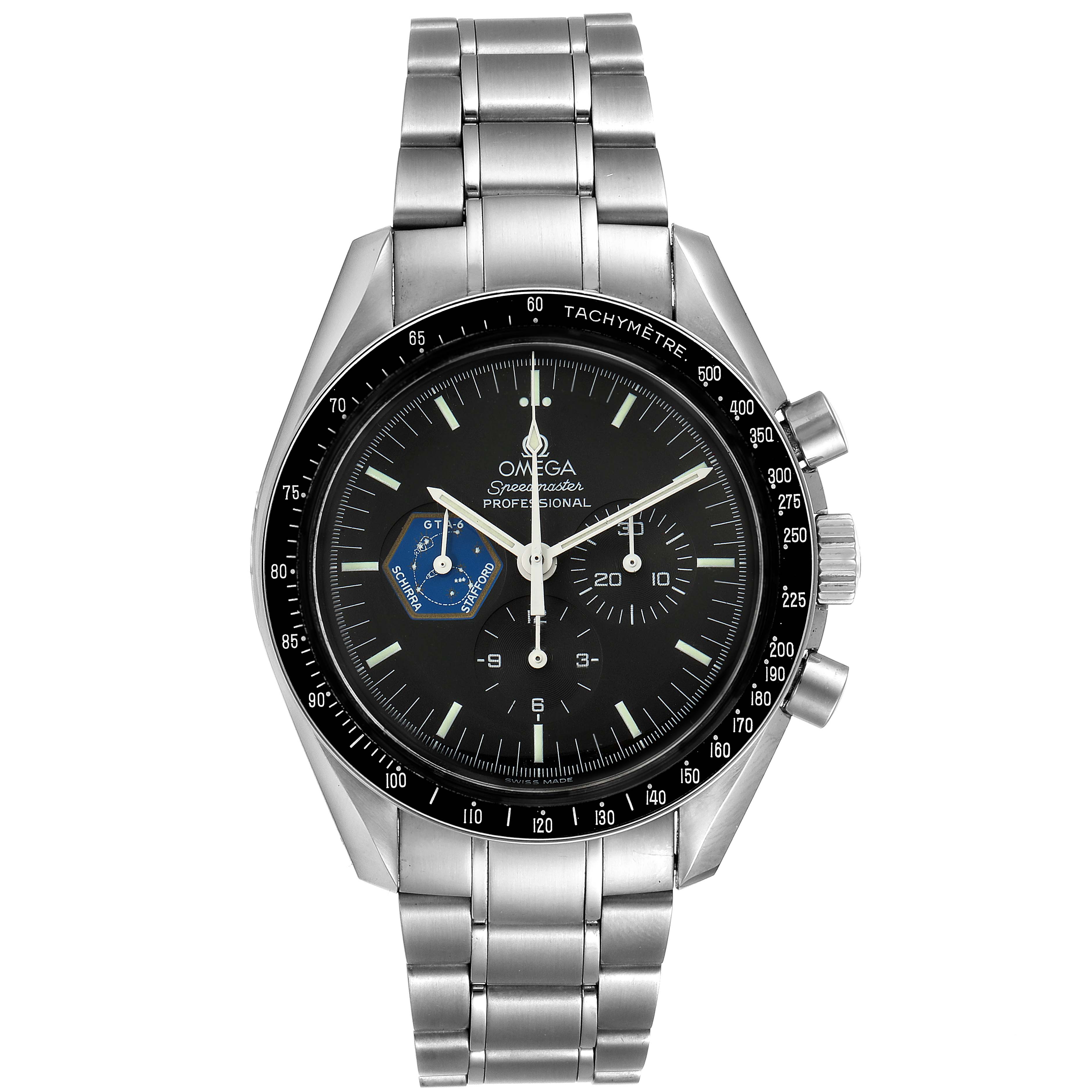 This image shows a front view of the Omega Speedmaster 3597.04.00 Men's Stainless Steel Black Dial 3597.04.00 Men's Stainless Steel Black Dial watch, displaying its dial, tachymeter bezel, and stainless steel bracelet.
