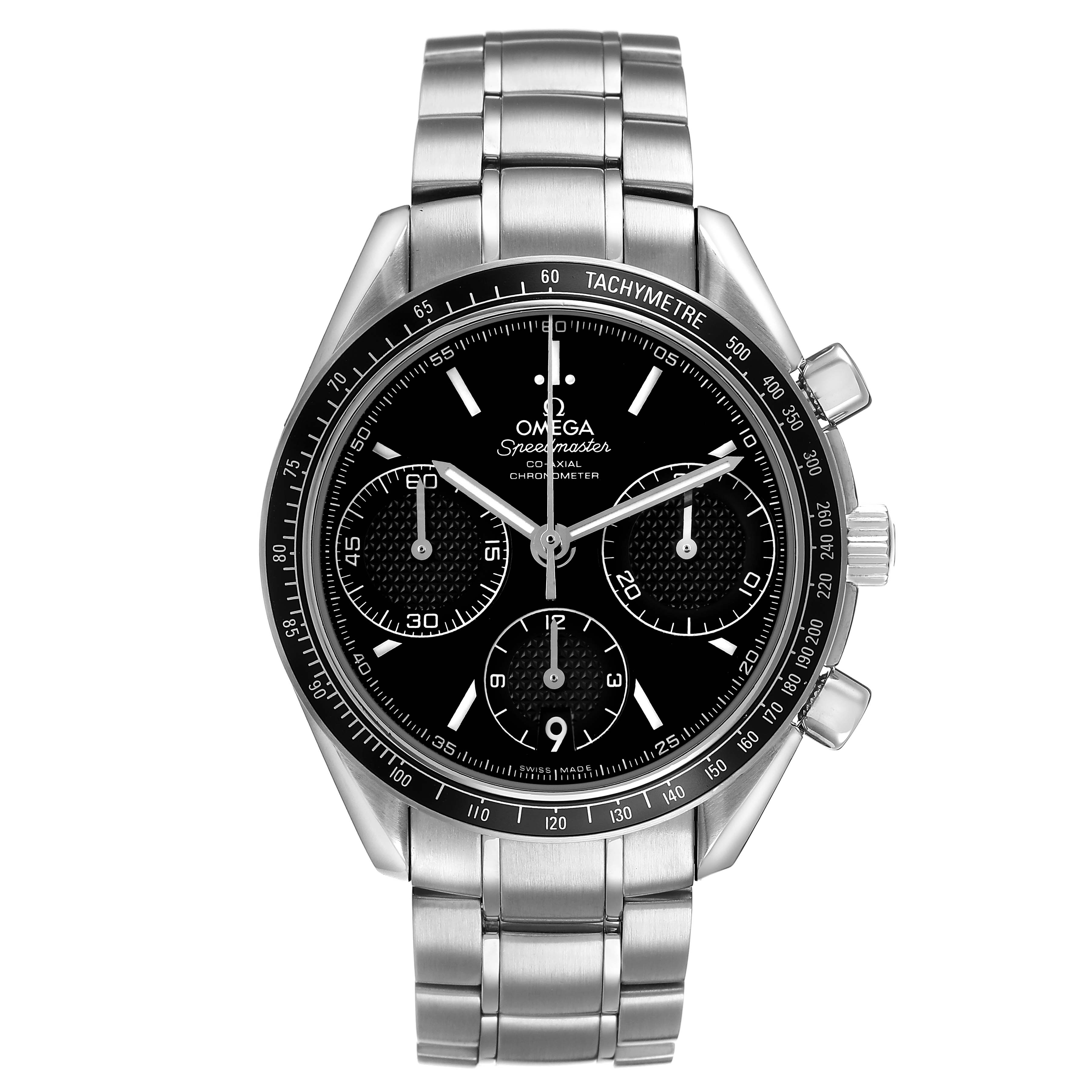 The Omega Speedmaster 326.30.40.50.01.001 Men's Stainless Steel Black Dial watch is shown from a front angle, displaying the face, bezel, and stainless steel bracelet.